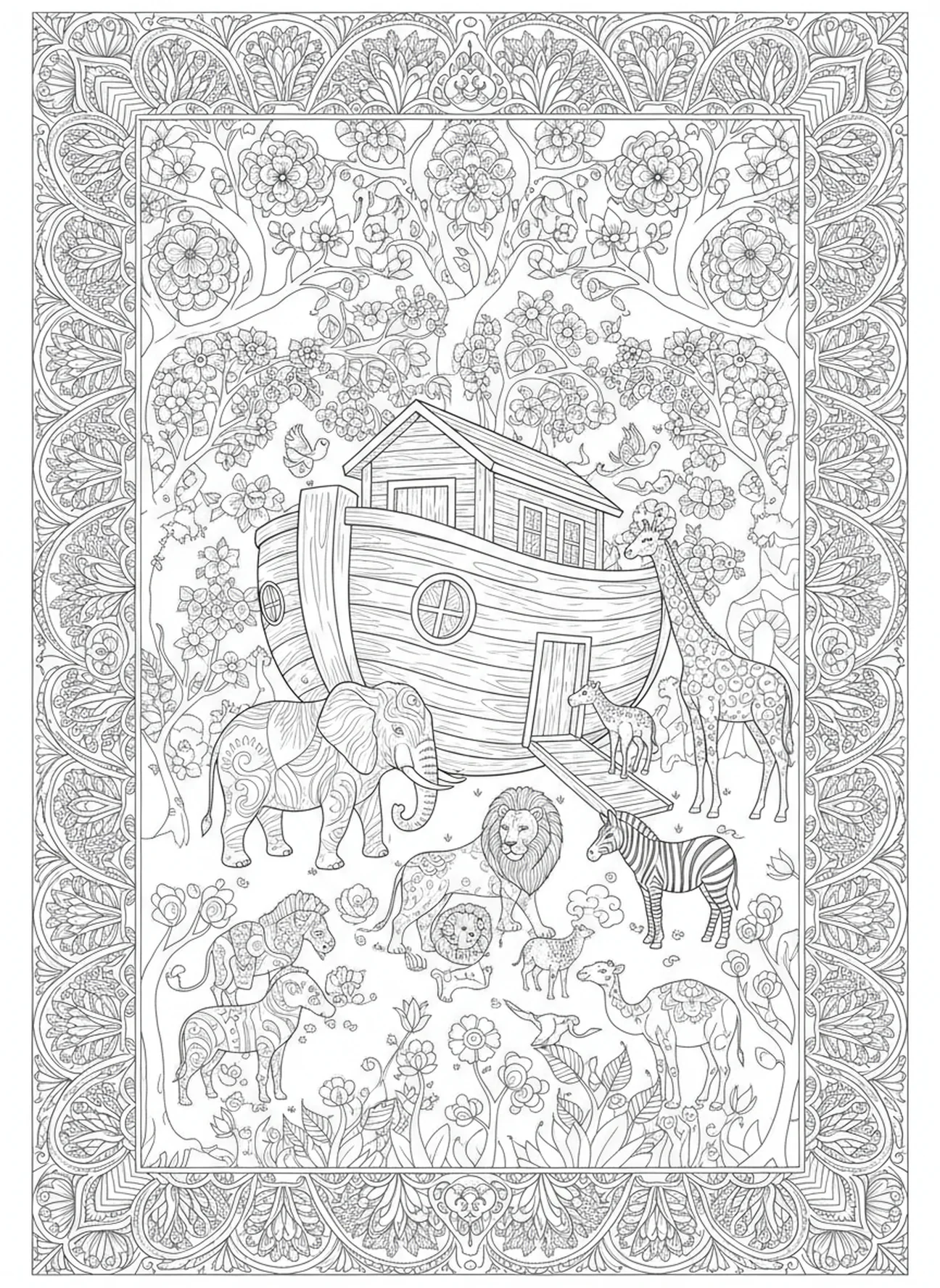 Pares de animales entrando en el arca, página para colorear de la Biblia Coraje en estilo de journaling bíblico para adultos.