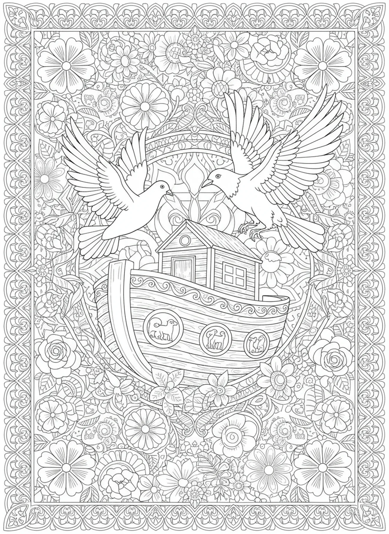 Paloma y cuervo volando sobre el arca, página para colorear de la Biblia Coraje en estilo de journaling bíblico para adultos.
