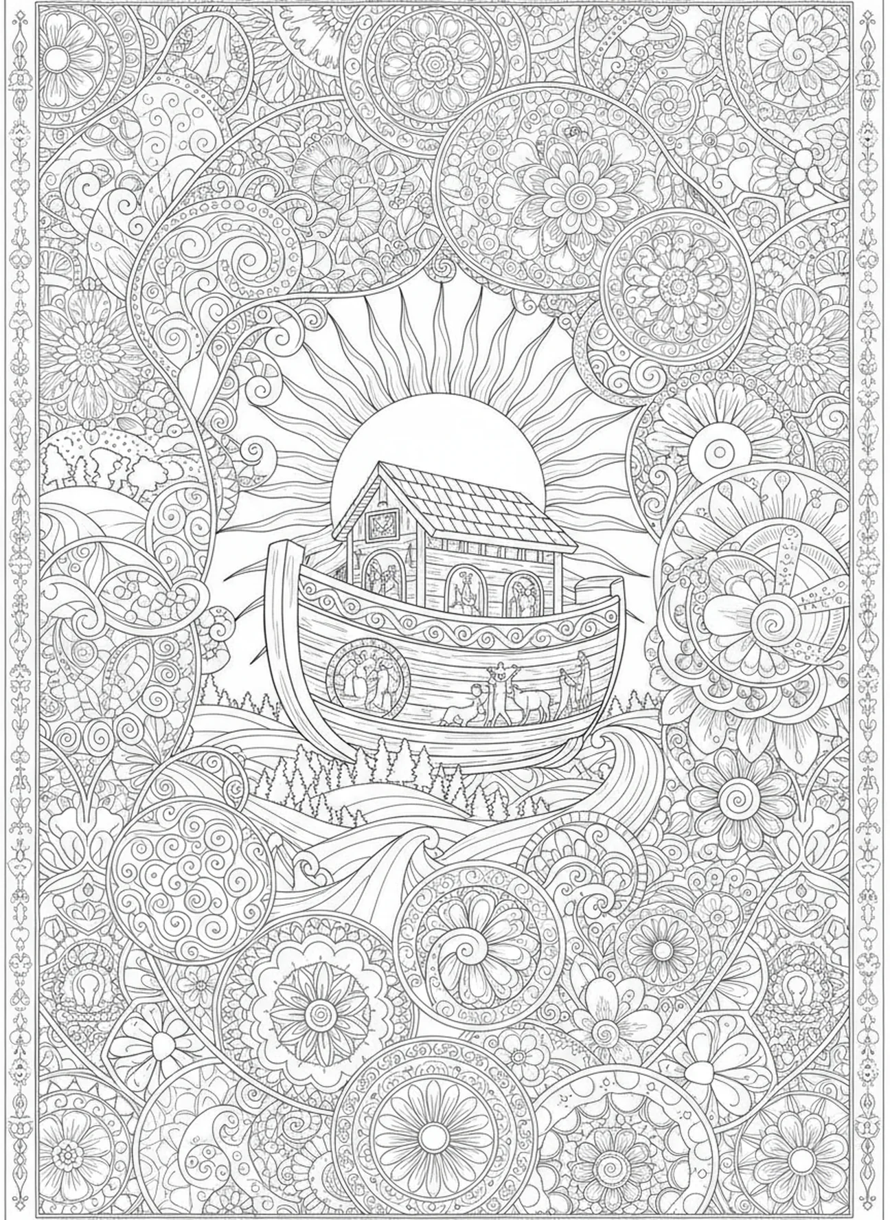 Amanecer detrás del arca, página para colorear de Coraje para adultos en estilo de journaling bíblico.