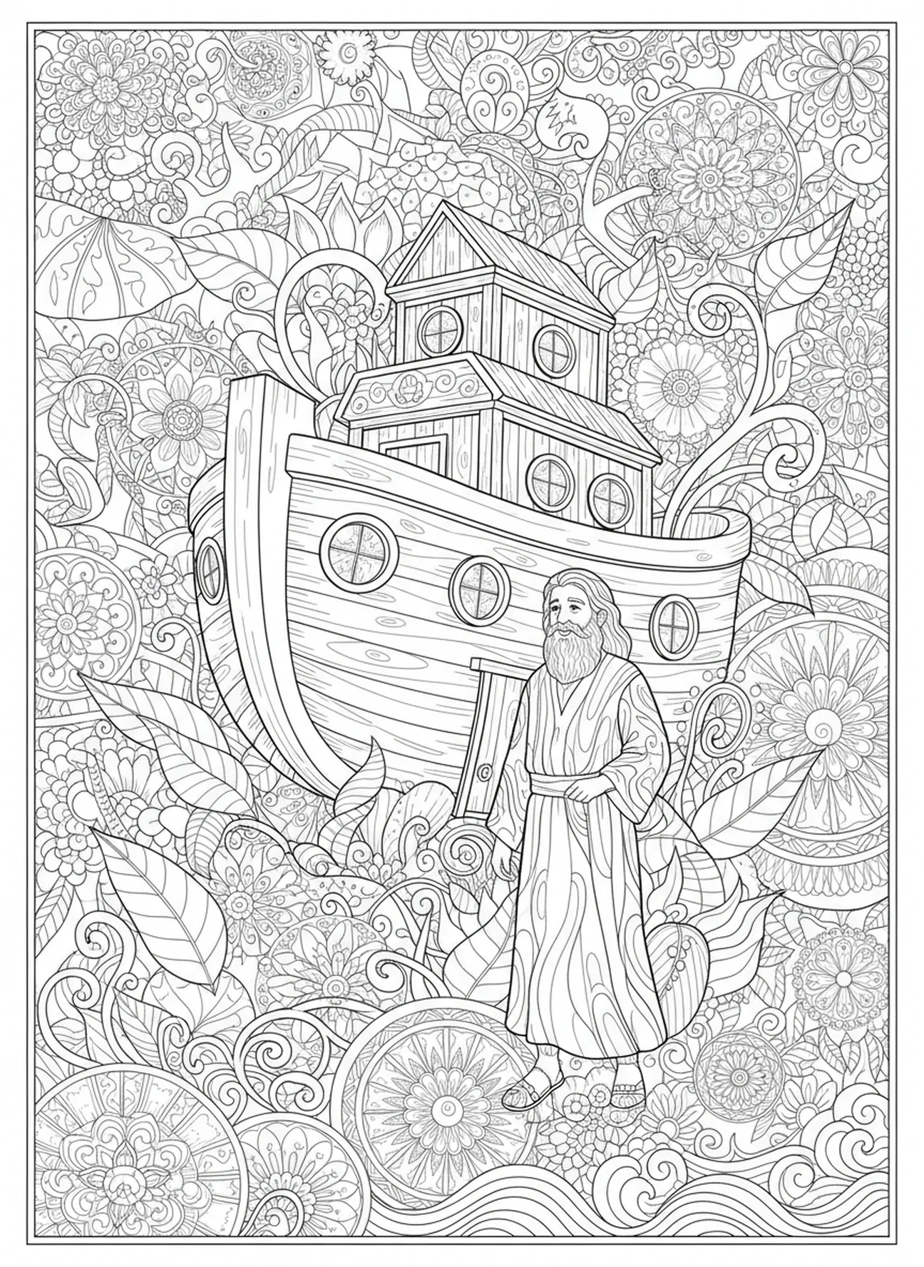 Noé en gratitud fuera del arca, página para colorear de la Biblia Courage en estilo de journaling bíblico para adultos.