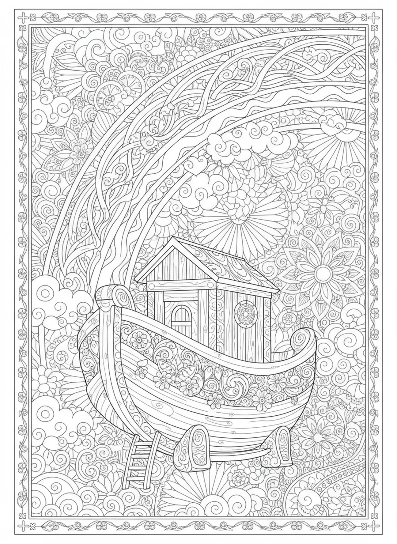 Arco iris sobre el arca, página para colorear de Coraje para adultos en estilo de journaling bíblico.