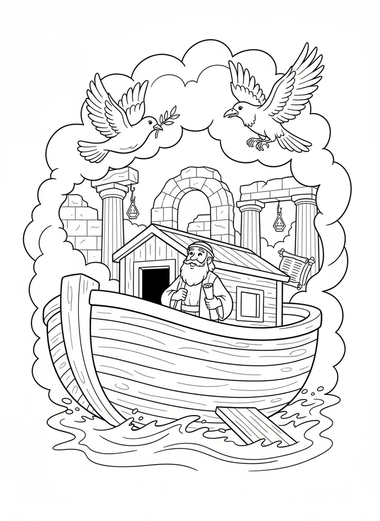Colombe et corbeau volant au-dessus de l'arche, page à colorier Bible Courage pour les enfants de catéchisme âgés de 5 à 12 ans.