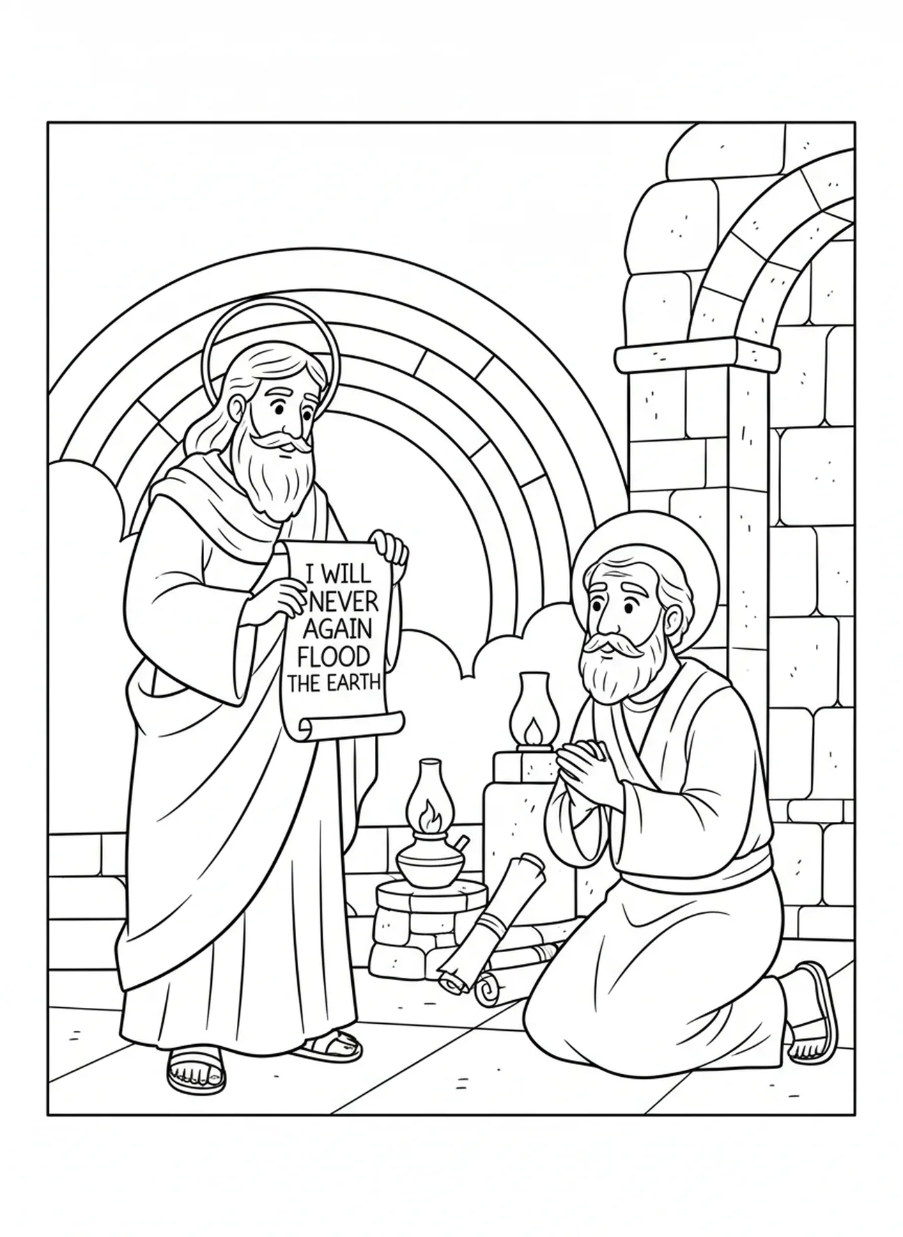 Dieu parlant à Noé avec un arc-en-ciel, page à colorier de la Bible Courage pour les enfants de catéchisme âgés de 5 à 12 ans.