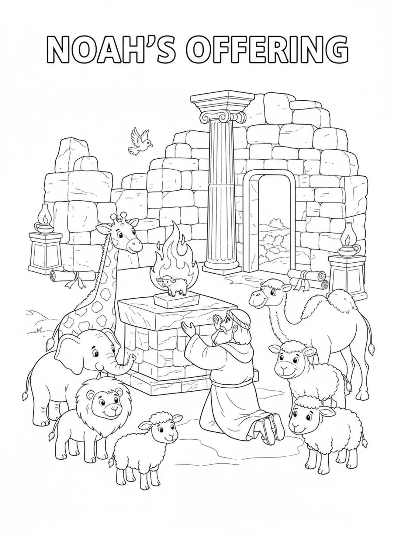 Noé offrant un sacrifice, page à colorier de la Bible Courage pour les enfants de l'École du dimanche âgés de 5 à 12 ans.