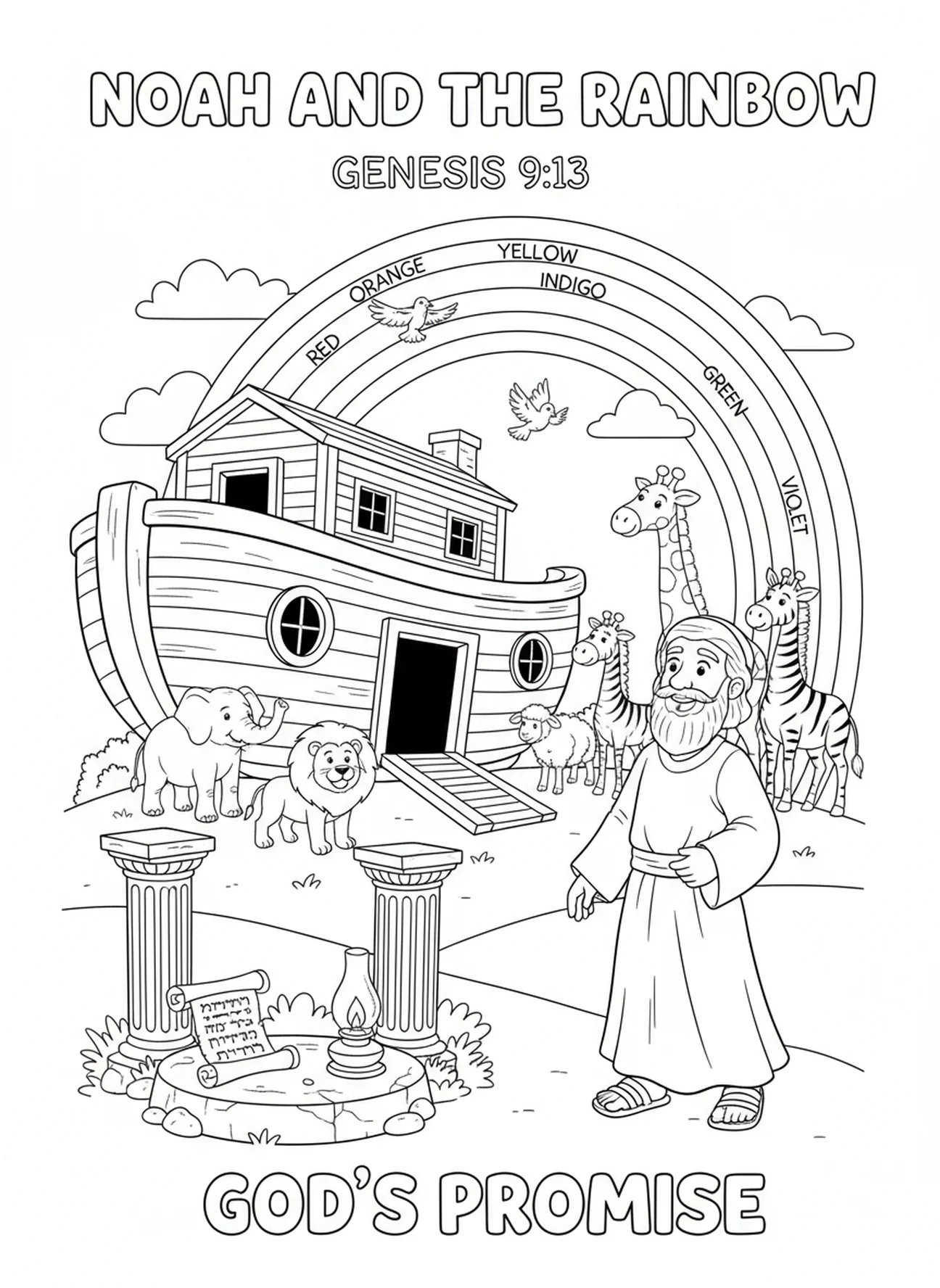 Noé admirant l'arc-en-ciel, page à colorier Biblique Courage pour les enfants de l'École du dimanche âgés de 5 à 12 ans.