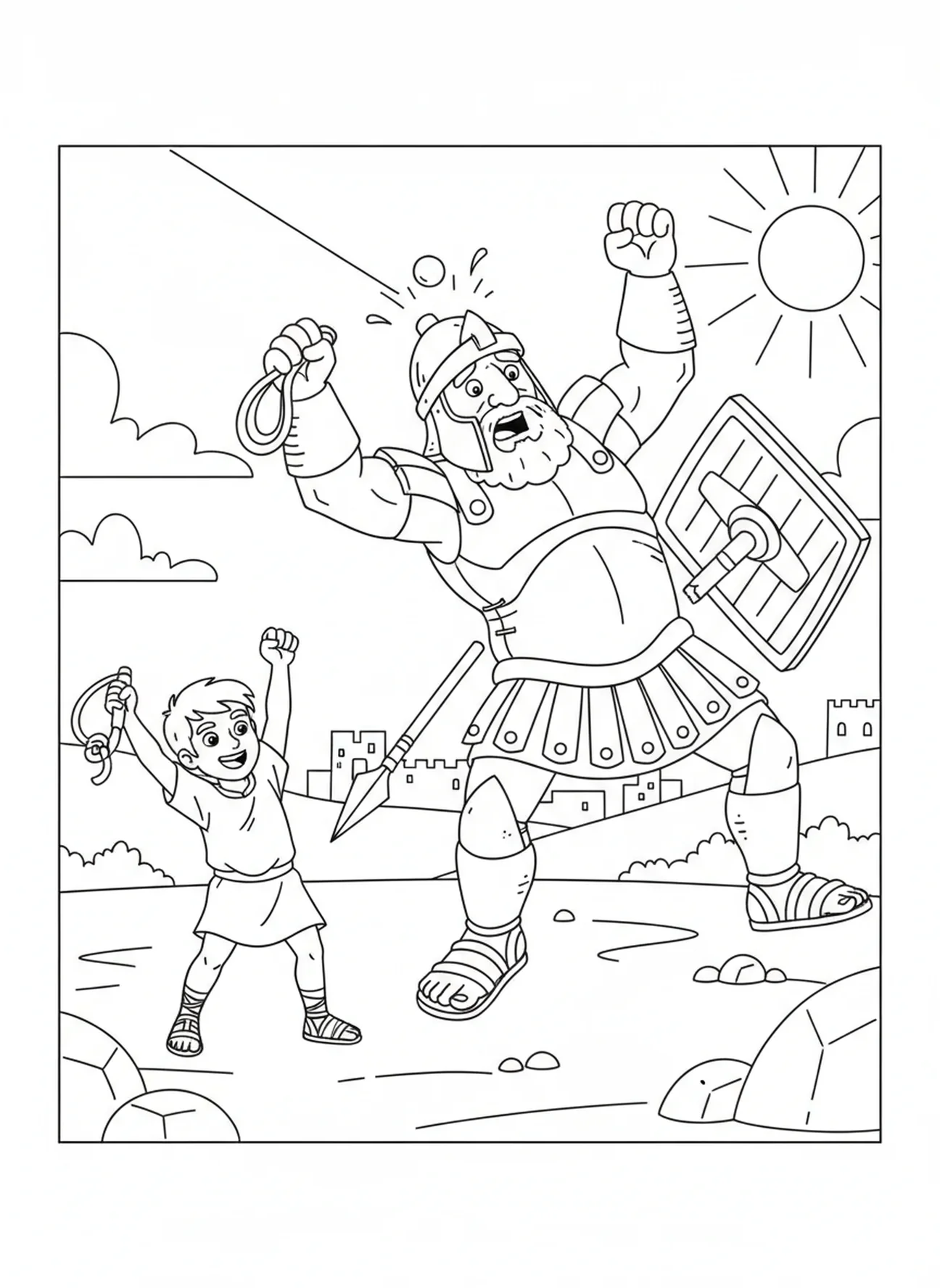 David schlägt Goliath mit einem Stein, Mutiger David Ausmalbild für Kinder im Alter von 5-10 Jahren.