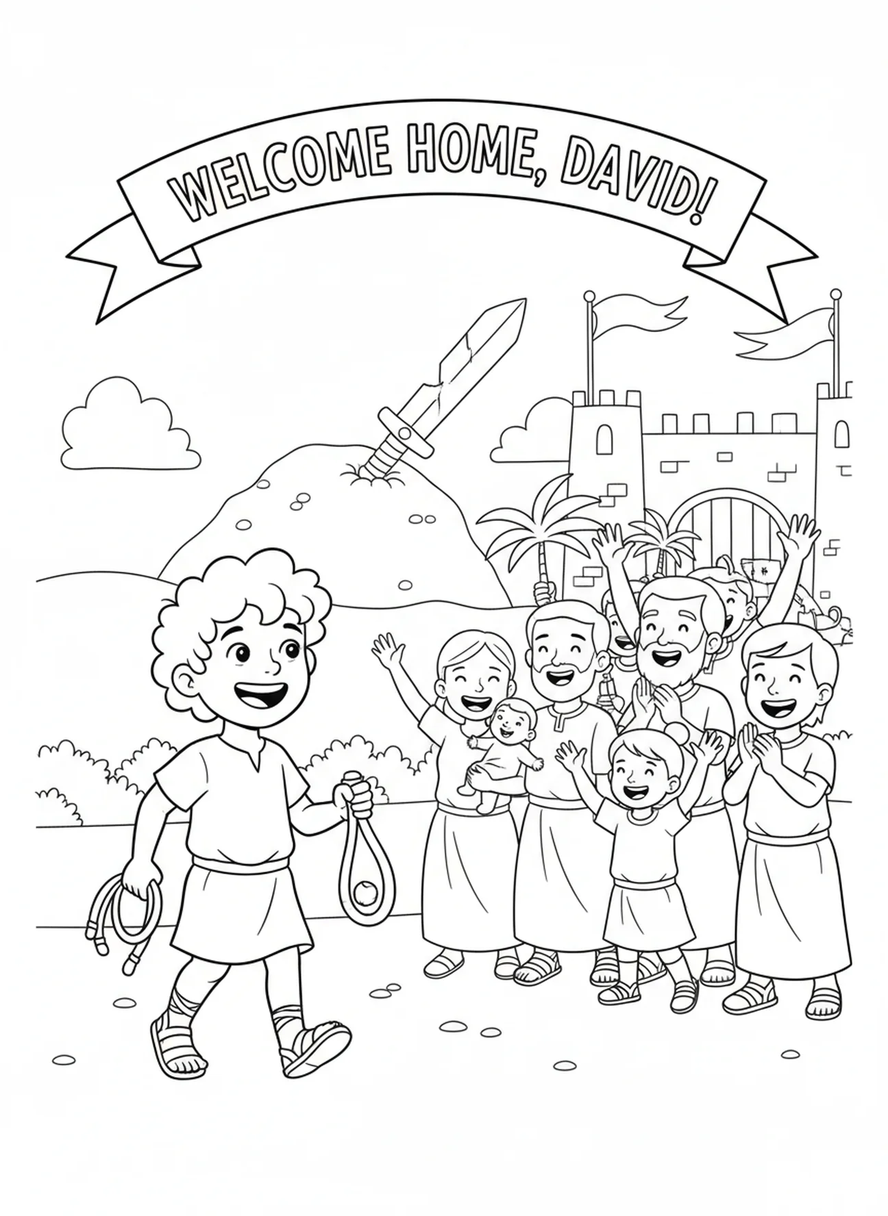 David kehrt siegreich nach Hause zurück, Ausmalbild für Kinder im Alter von 5-10 Jahren.