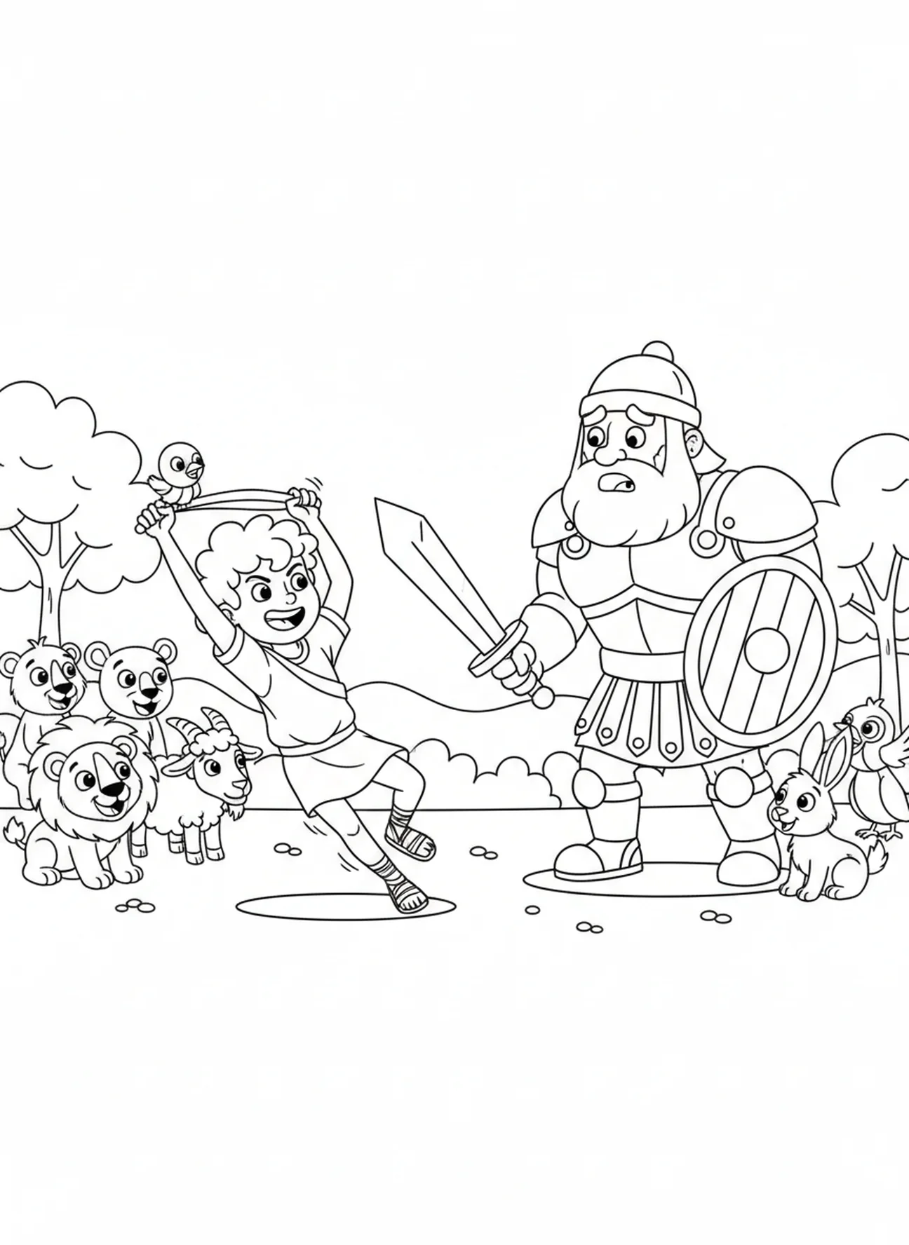 David schwingt die Schleuder, Ausmalbild von David für Kinder im Alter von 5-10 Jahren.