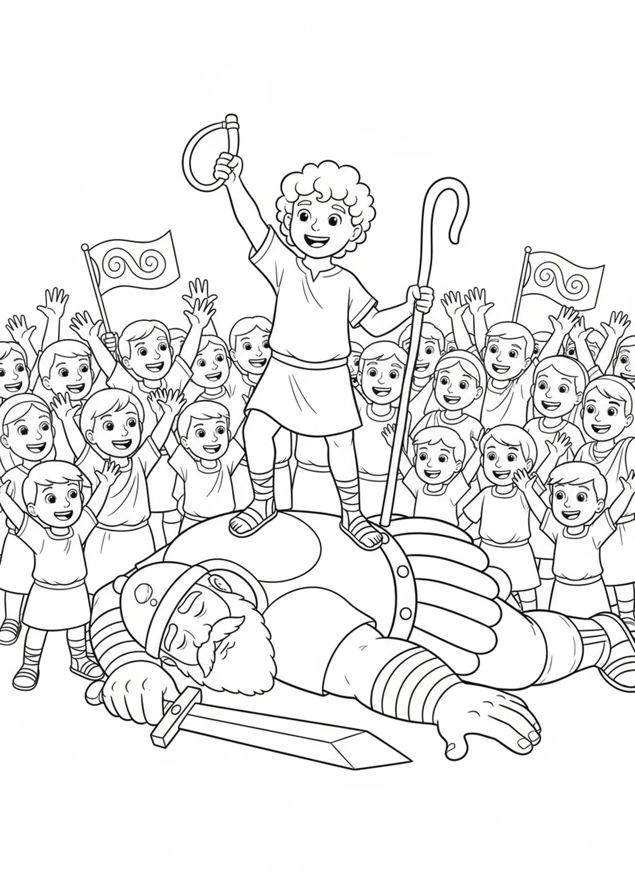 Der siegreiche David über Goliath, Mutiger David Malvorlage für Kinder im Alter von 5-10 Jahren.