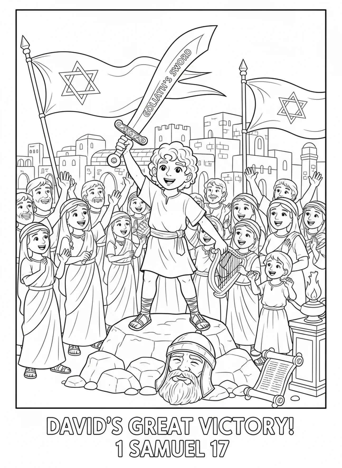 David hält das Schwert von Goliath, Ausmalbild von Mutigem David für Sonntagsschulkinder im Alter von 5-12 Jahren.