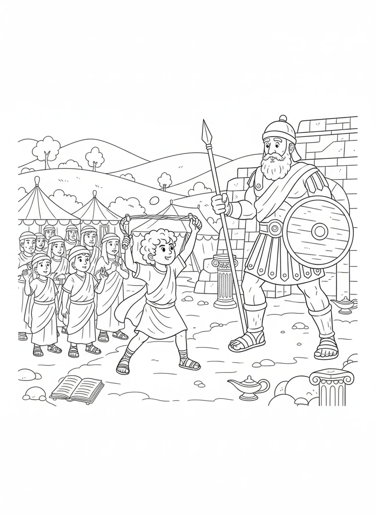 David schwingt die Schleuder mit dem Stein, Mutiger David Ausmalbild für die Sonntagsschule für Kinder im Alter von 5-12 Jahren.