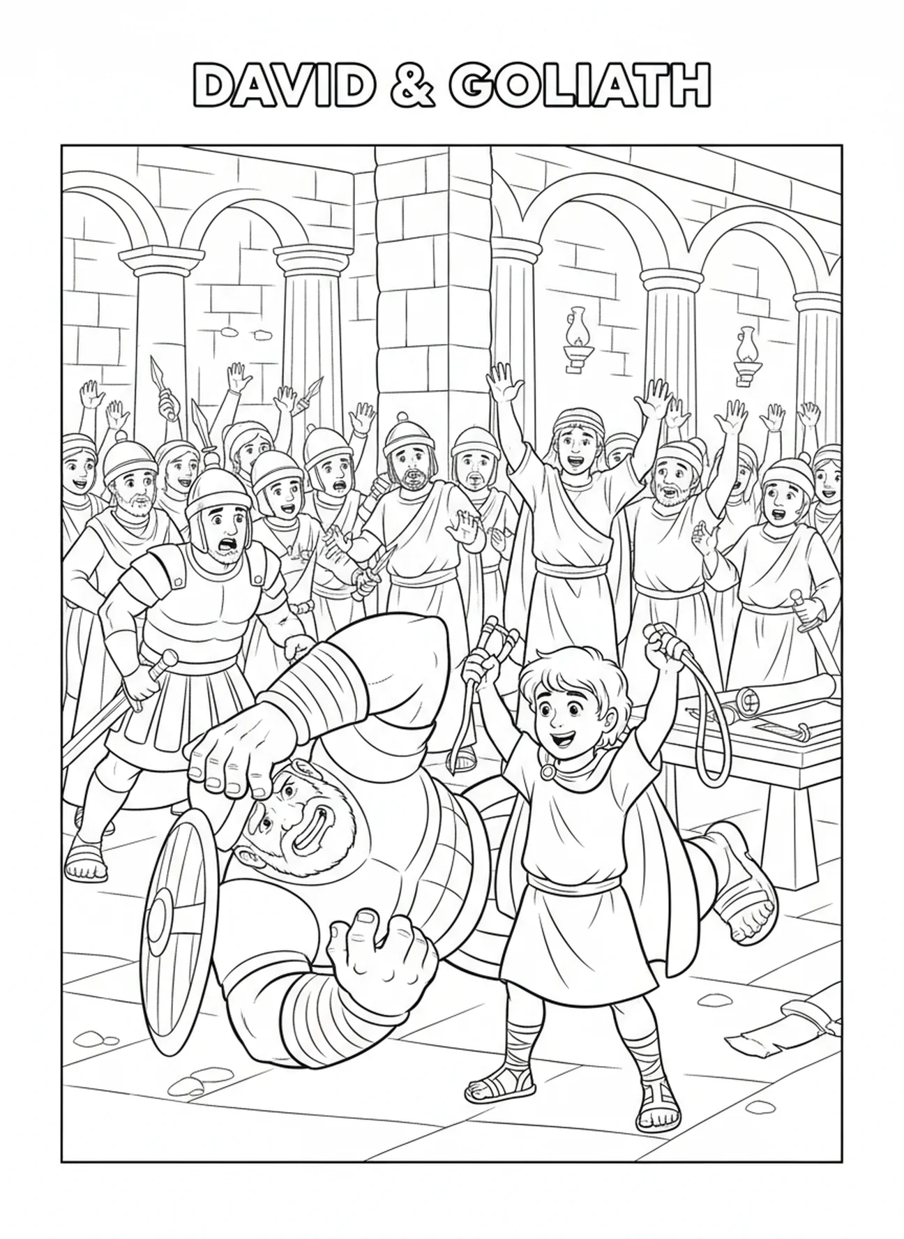 Der fallende Goliath mit dem feiernden David, Ausmalbild für Kinder im Alter von 5-12 Jahren in der Sonntagsschule.
