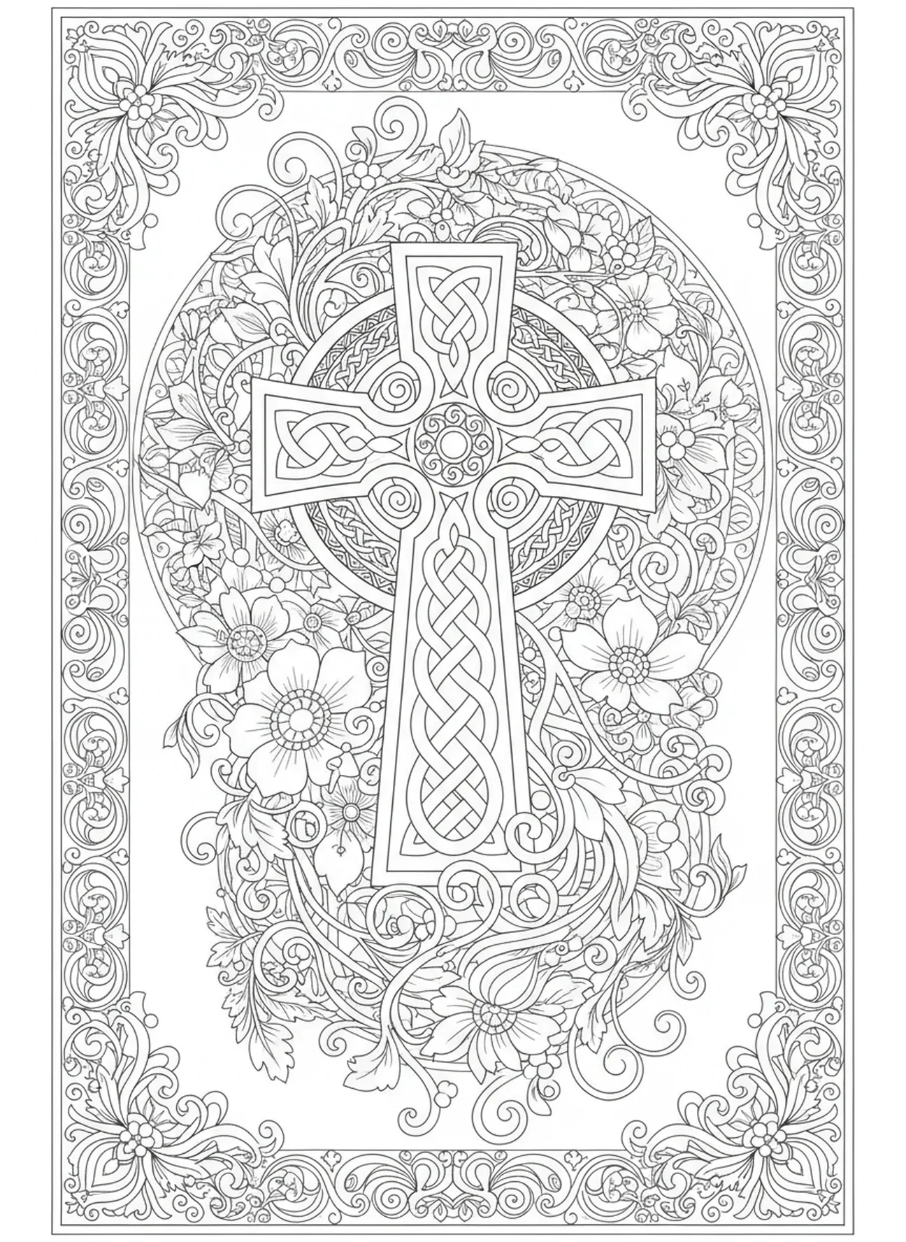 Dessins floraux, page à colorier de la croix celtique pour le style de journal biblique pour adultes.