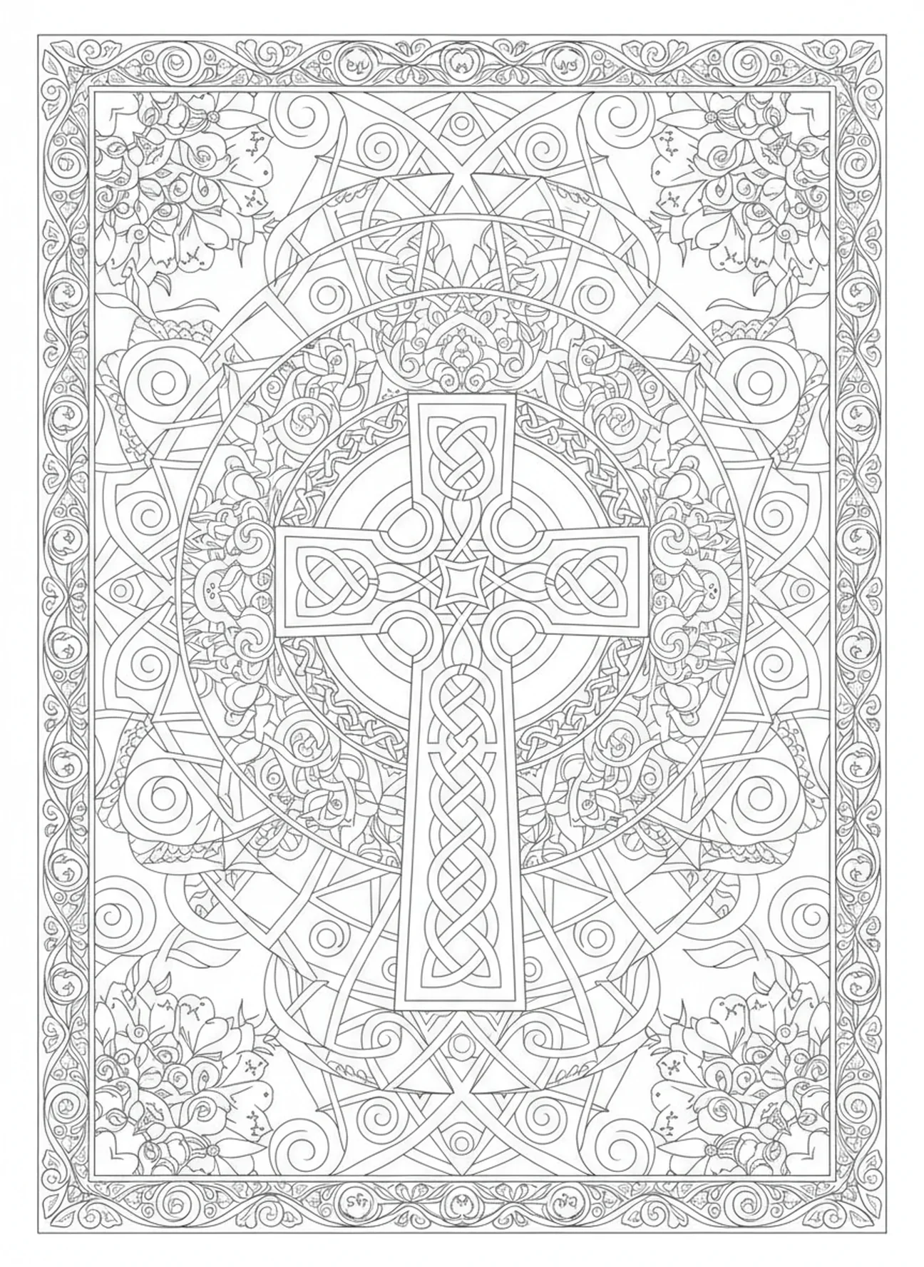 Motifs géométriques, page à colorier de la Croix celtique pour adultes dans un style de journal biblique.