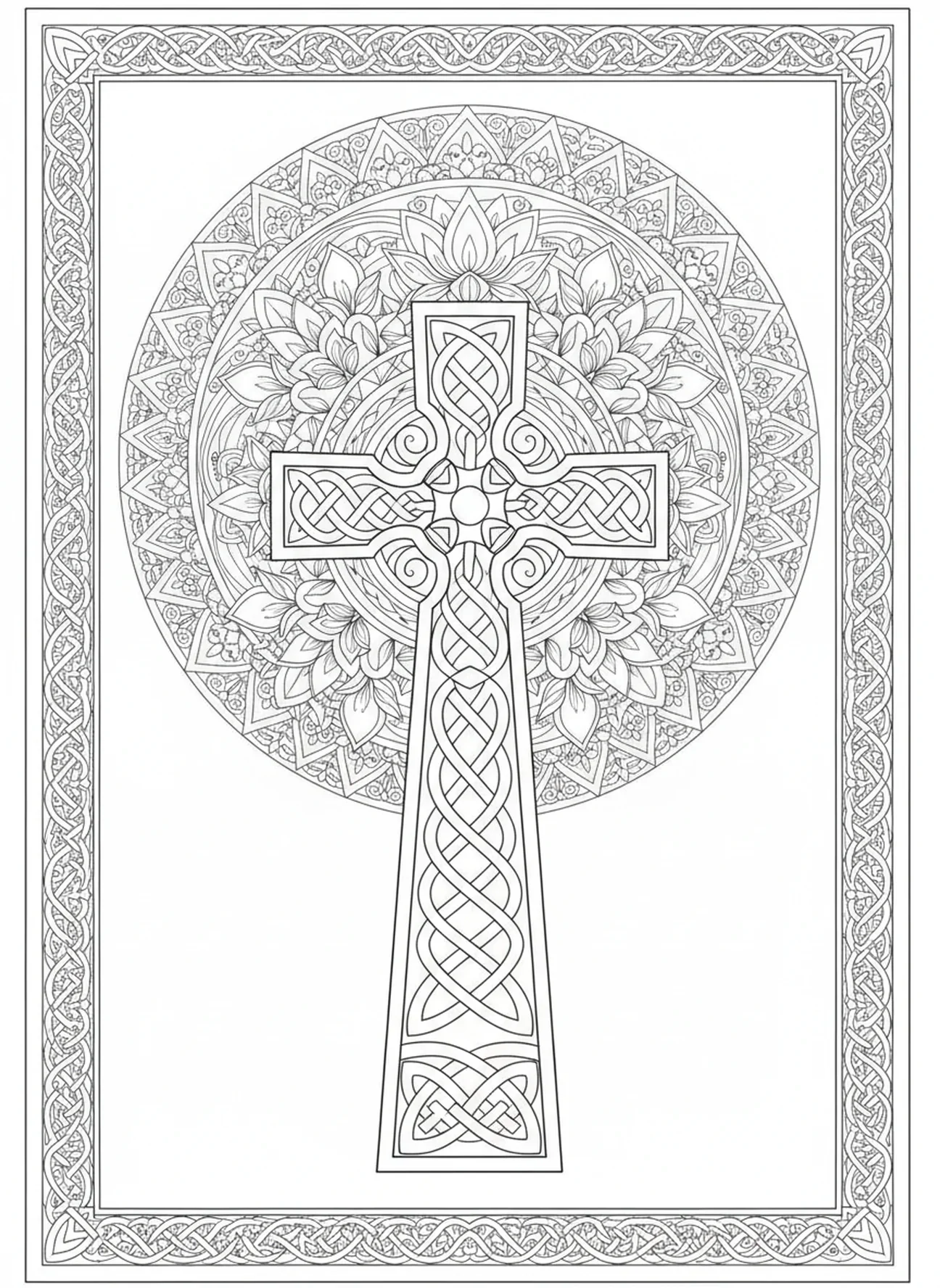Motifs de mandala, page à colorier de la croix celtique pour le style de journalisation biblique pour adultes.