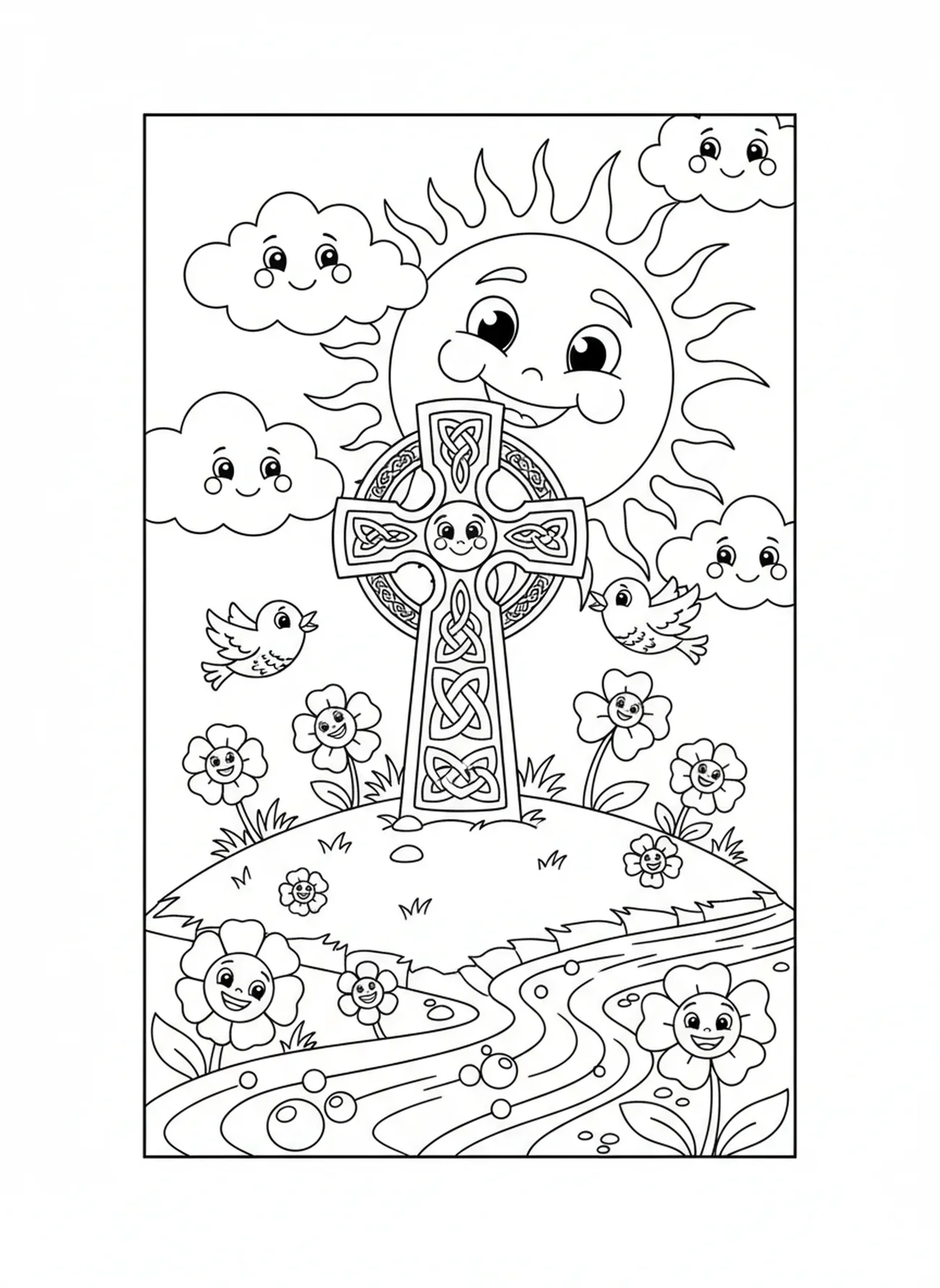 Keltisch kruis met zon en wolken, Keltisch kruis kleurplaat voor kinderen van 5-10 jaar