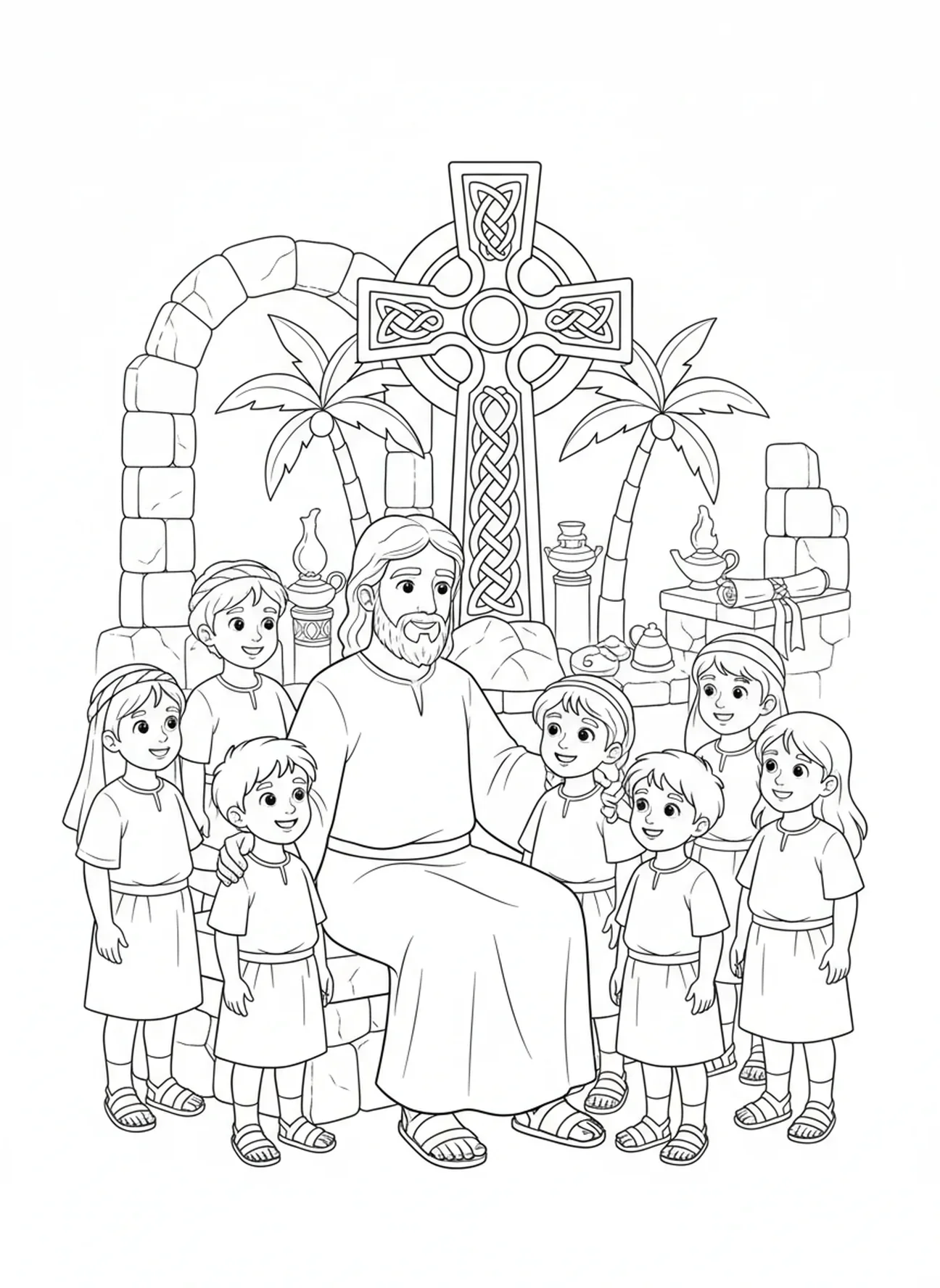 Jezus błogosławiący dzieci, kolorowanka z Celtickim Krzyżem dla dzieci w katechezie w wieku 5-12 lat.