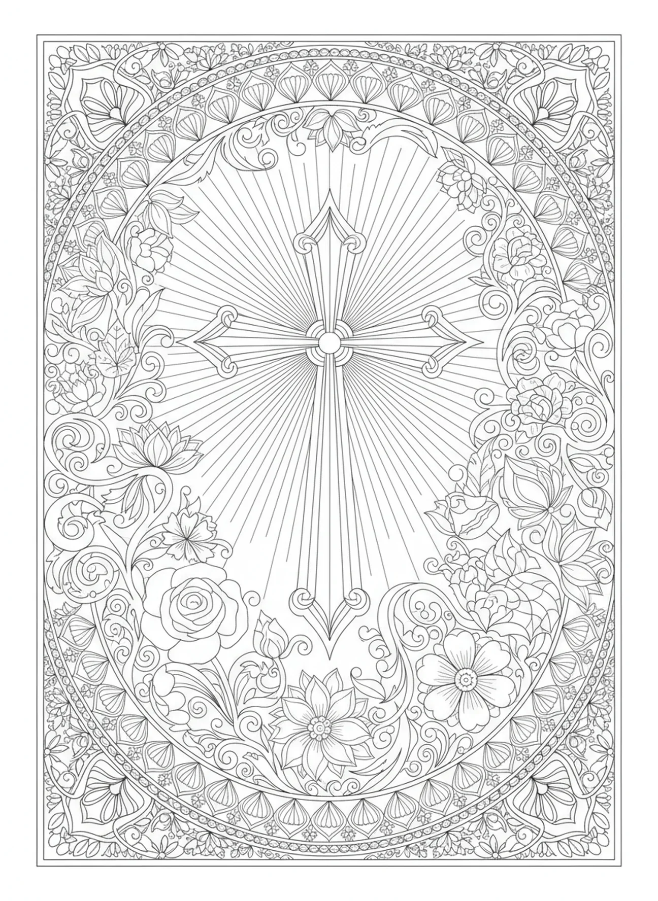 Zentraler Kreuz mit strahlenden Sonnenmustern, Kreuz und Herz Malvorlage für Erwachsene im Bibel-Journaling-Stil.