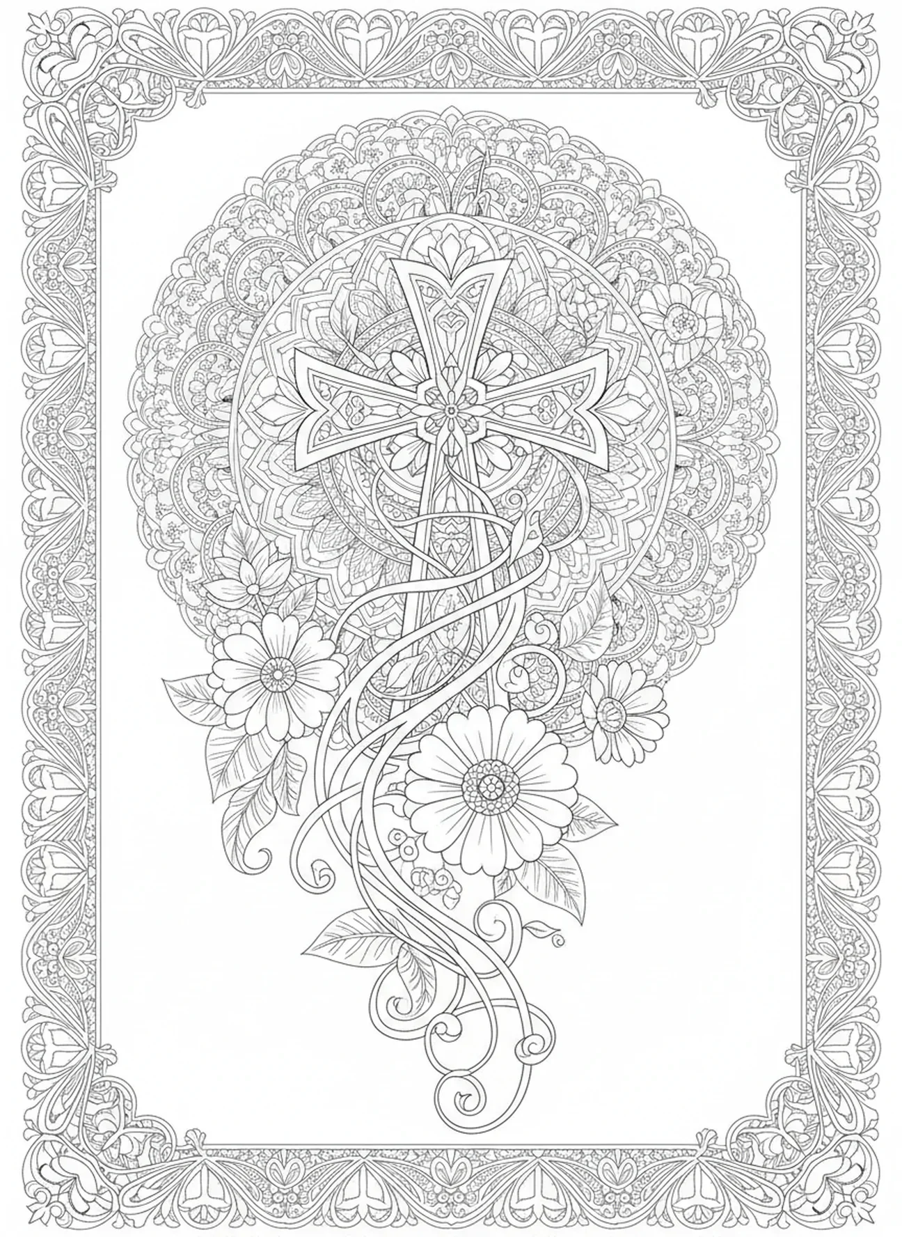 Verzierte Kreuz mit Blumen geschmückt, Ausmalbild Kreuz und Herz für Erwachsene im Stil des Bibeljournaling.