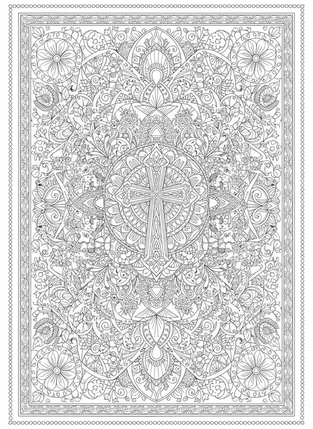 Zentrales Kreuz mit geometrischen Mustern, Ausmalbild von Kreuz und Herz im Stil des Bibel-Journalings für Erwachsene.