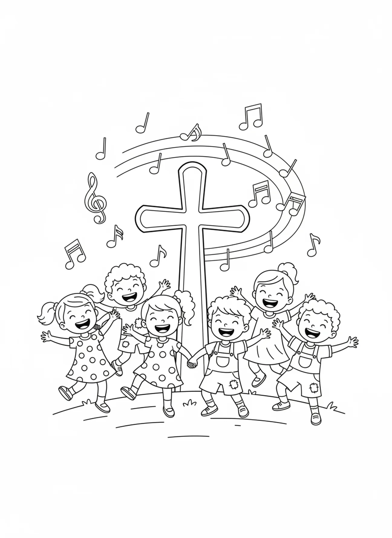 Crianças cantando ao redor de uma cruz, página de colorir Cruz e Coração para crianças de 5 a 10 anos.