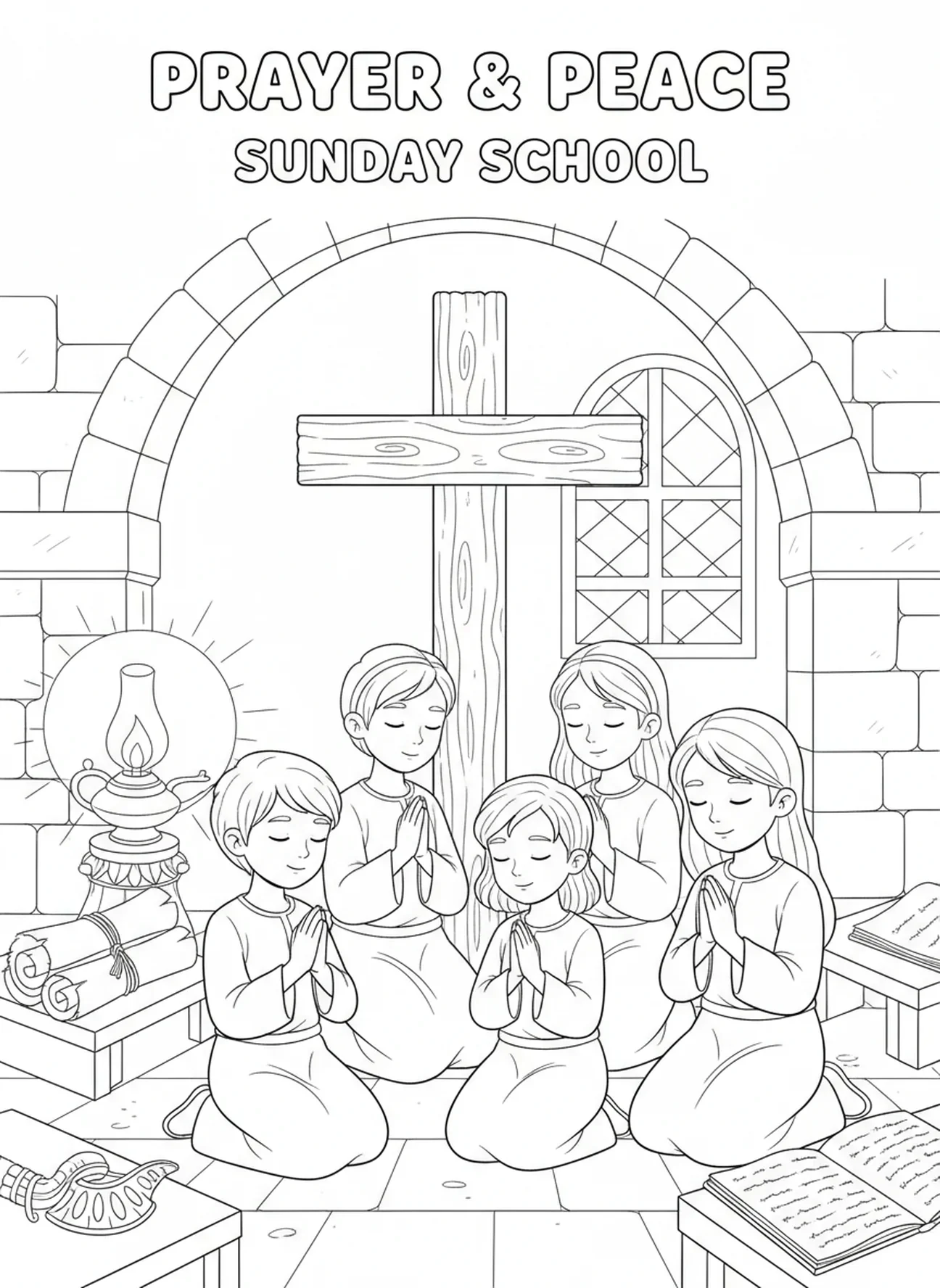 Enfants à genoux en prière, page à colorier Croix et Cœur pour les enfants de l'École du dimanche âgés de 5 à 12 ans.