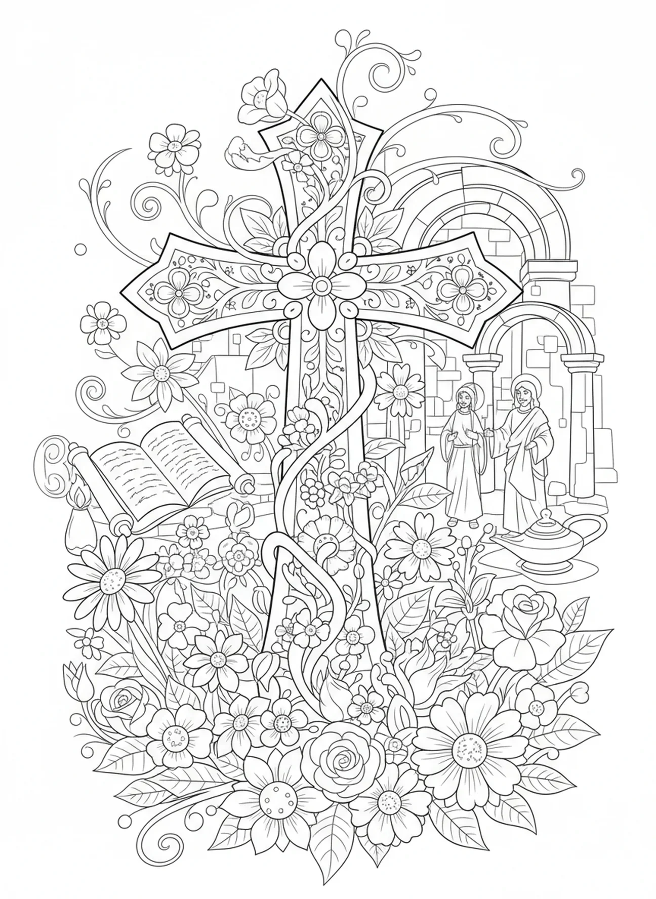 Croix décorative avec des fleurs, page à colorier Croix et Cœur pour les enfants de l'École du dimanche âgés de 5 à 12 ans.