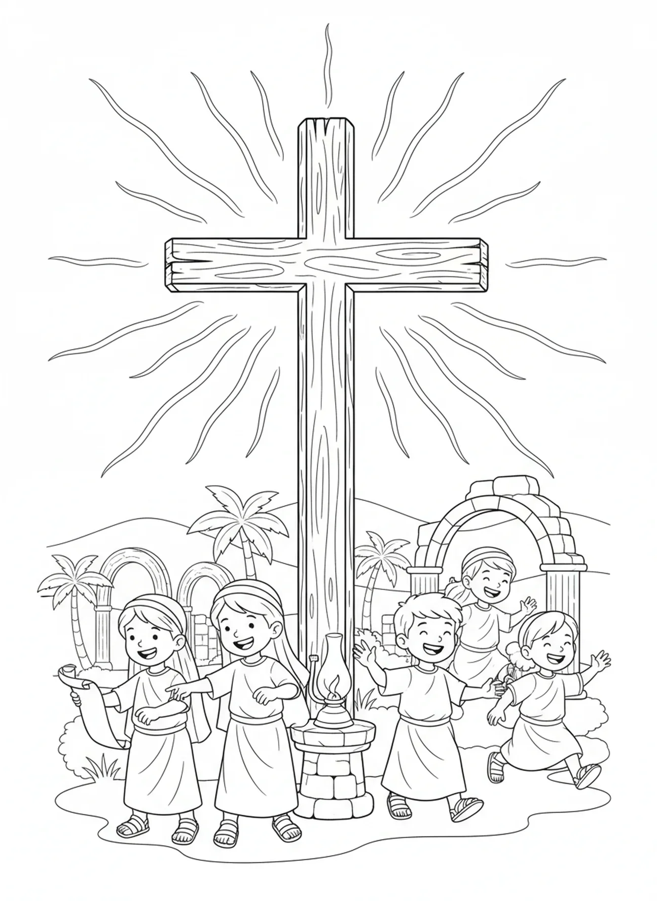 Croix avec des rayons de soleil, page à colorier Croix et Cœur pour les enfants de l'École du dimanche âgés de 5 à 12 ans.