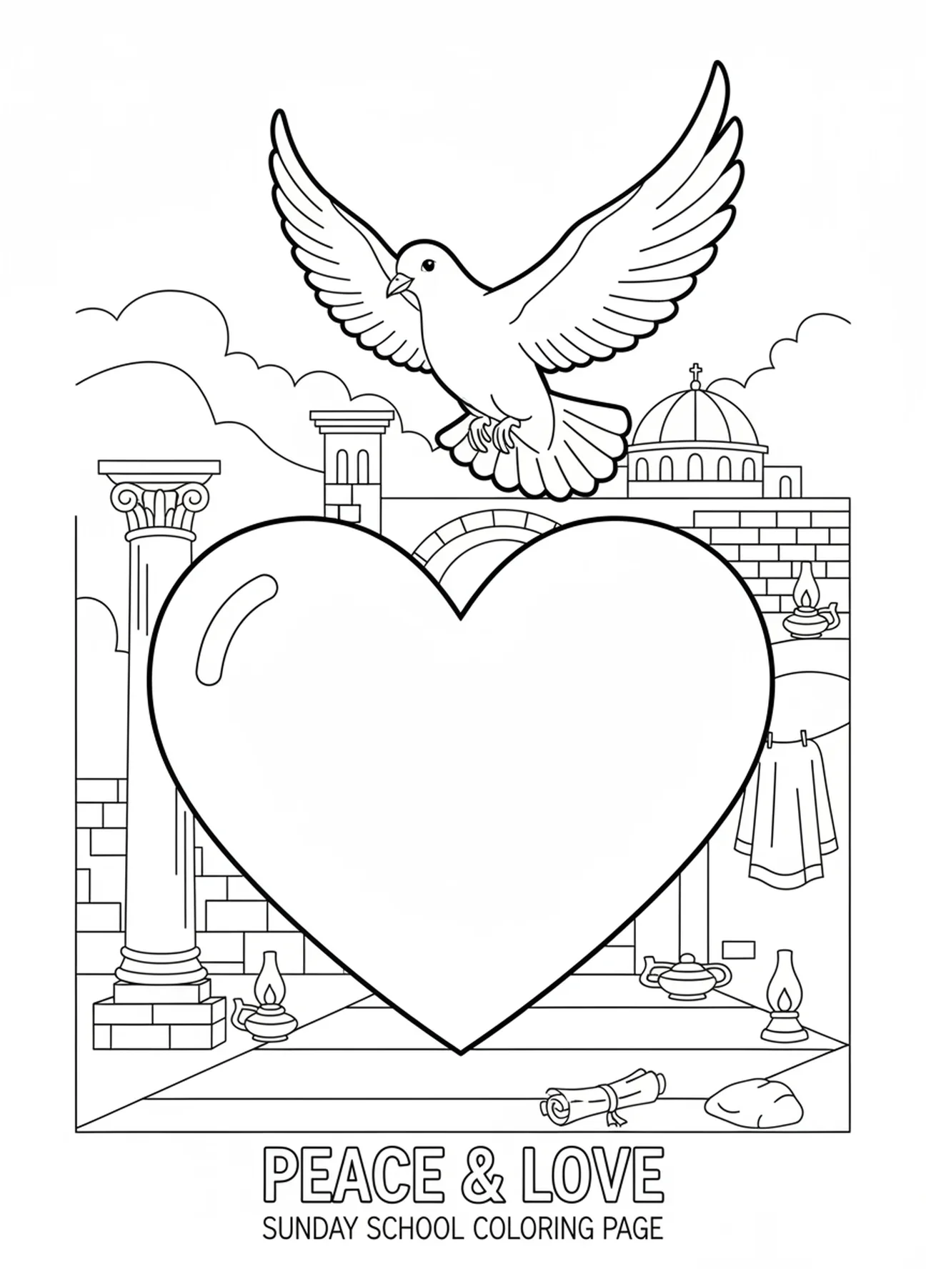 Cœur avec une colombe au-dessus, page à colorier Cœur et Croix pour les enfants de l'École du dimanche âgés de 5 à 12 ans.
