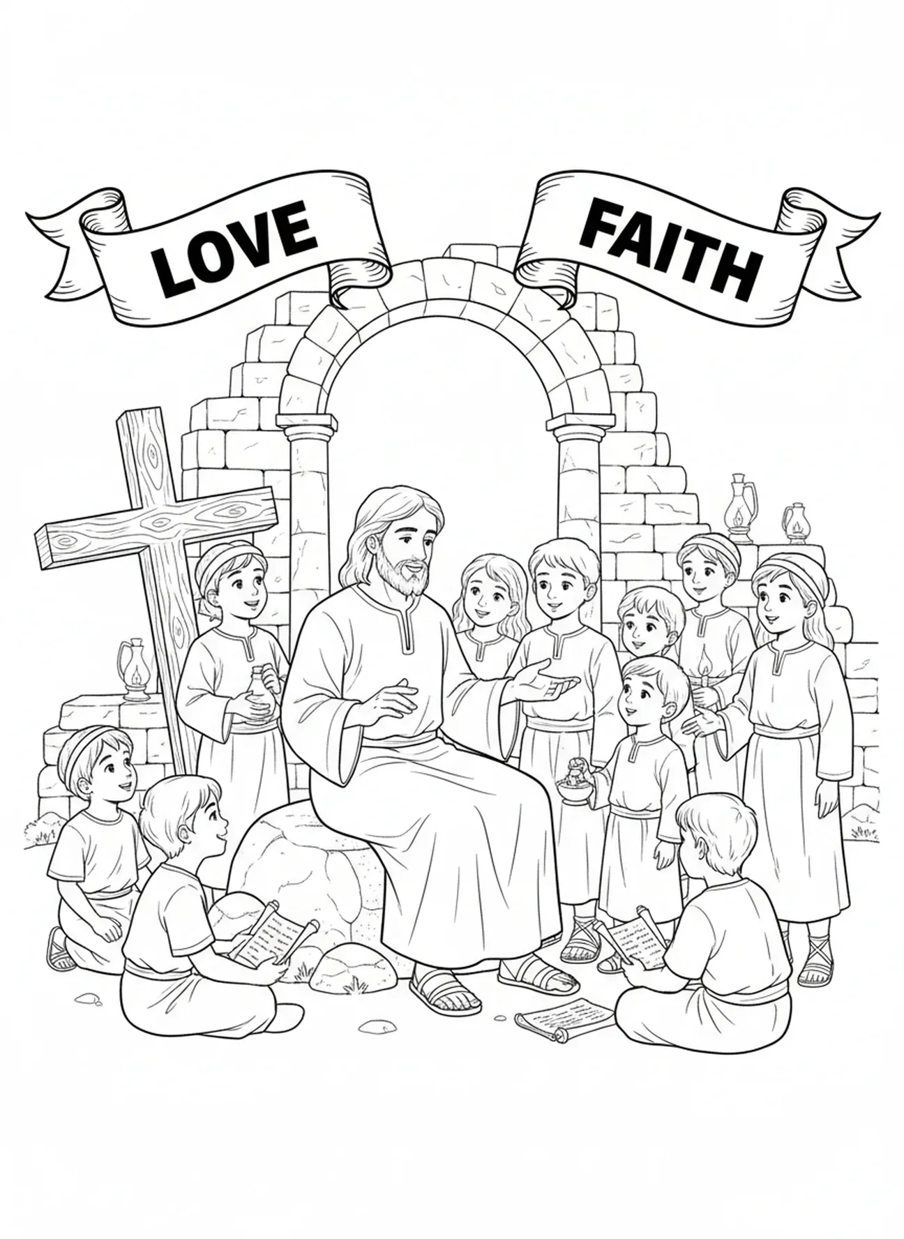 Jésus enseignant aux enfants, page à colorier Croix et Cœur pour les enfants de l'École du dimanche âgés de 5 à 12 ans.
