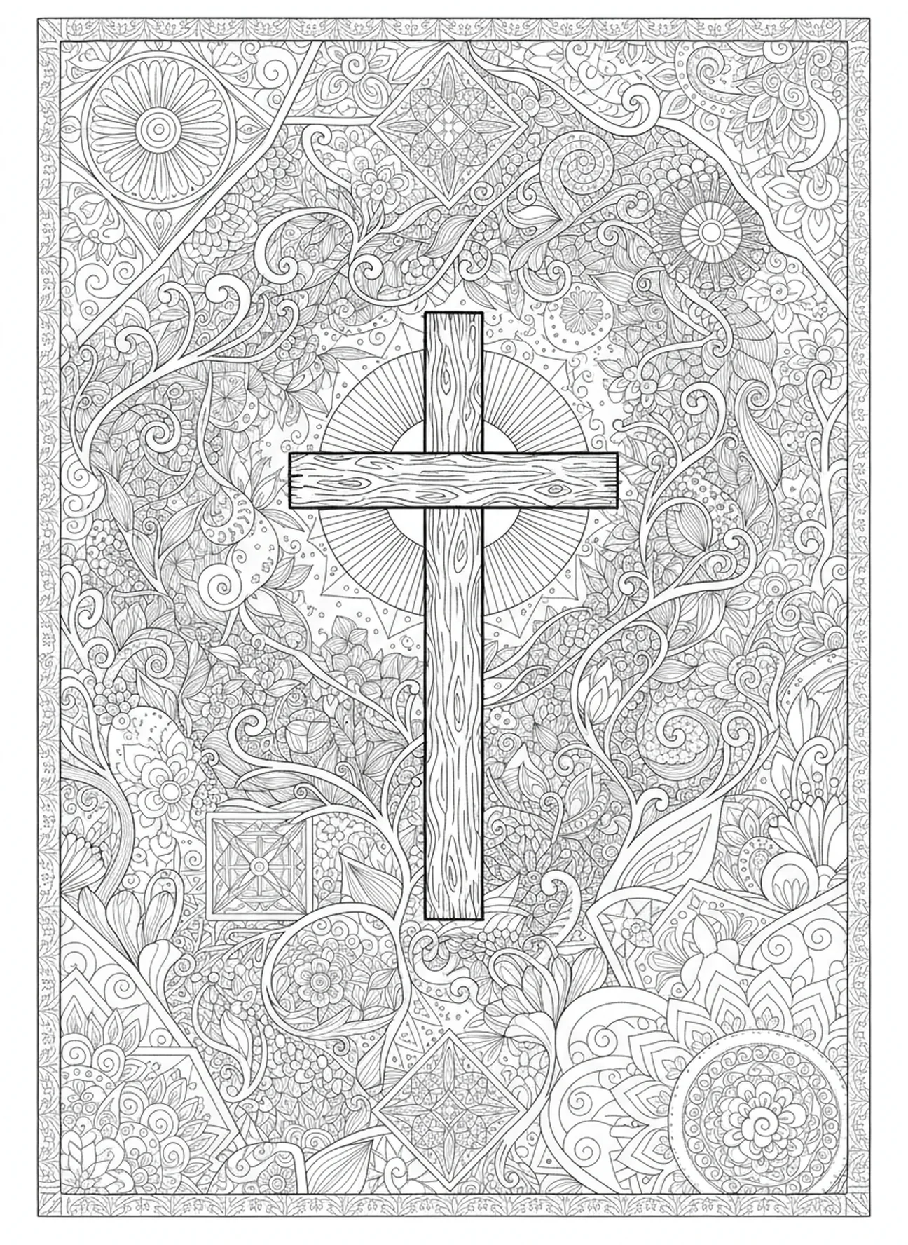 Croix sous un ciel étoilé, page à colorier Croix sur la colline pour le style de journalisation biblique pour adultes.