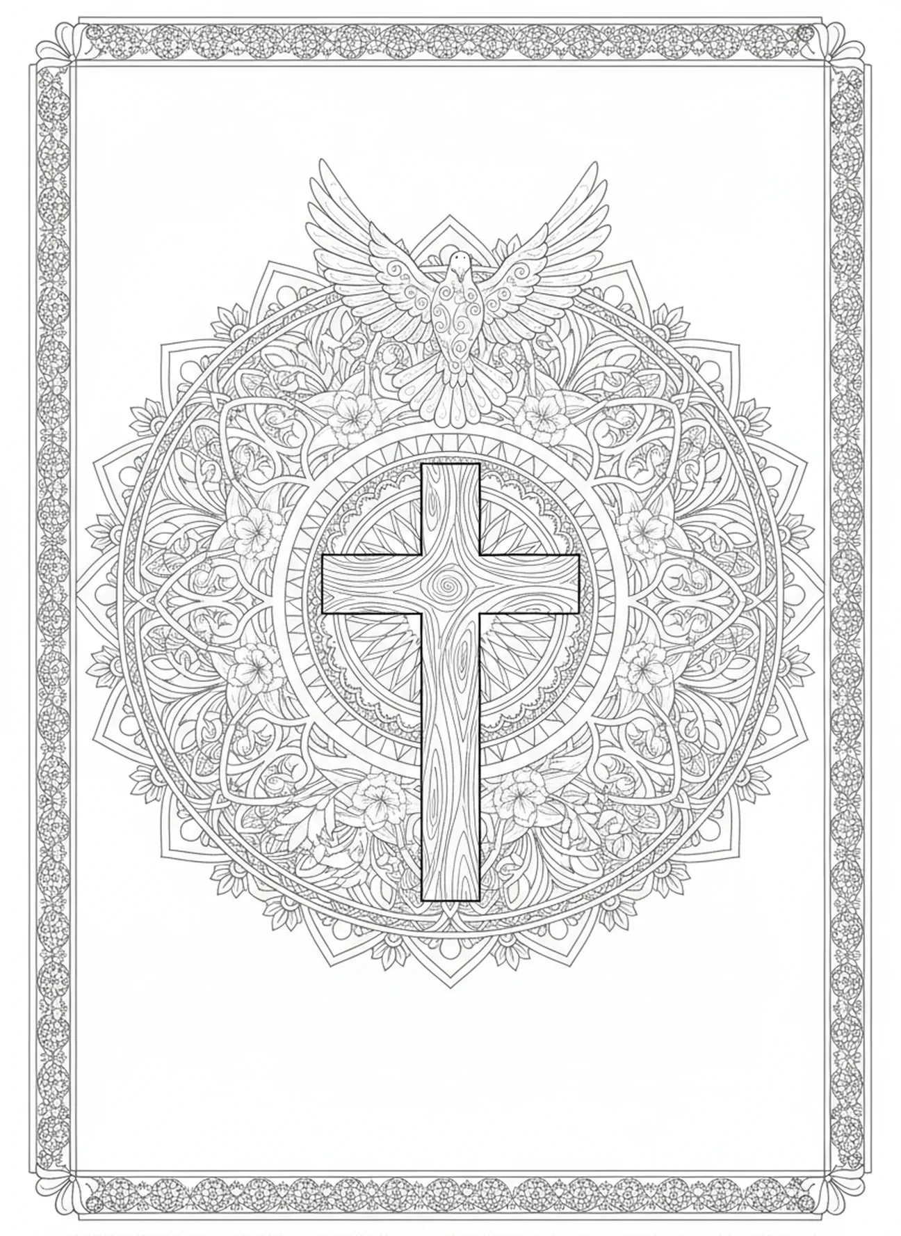 Colombe au-dessus de la croix, page à colorier Croix sur la colline pour le style de journalisation biblique pour adultes.