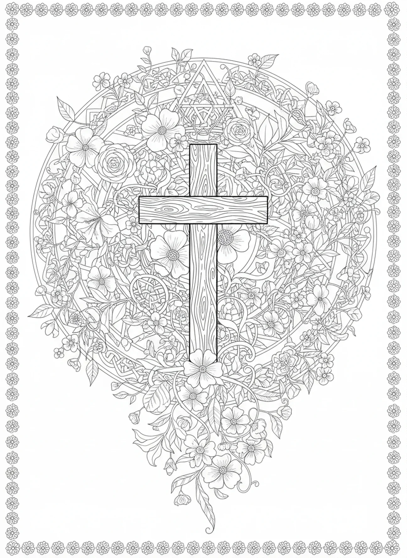 Fleurs délicates autour de la croix, page à colorier Croix sur la colline pour le style de journal biblique pour adultes.