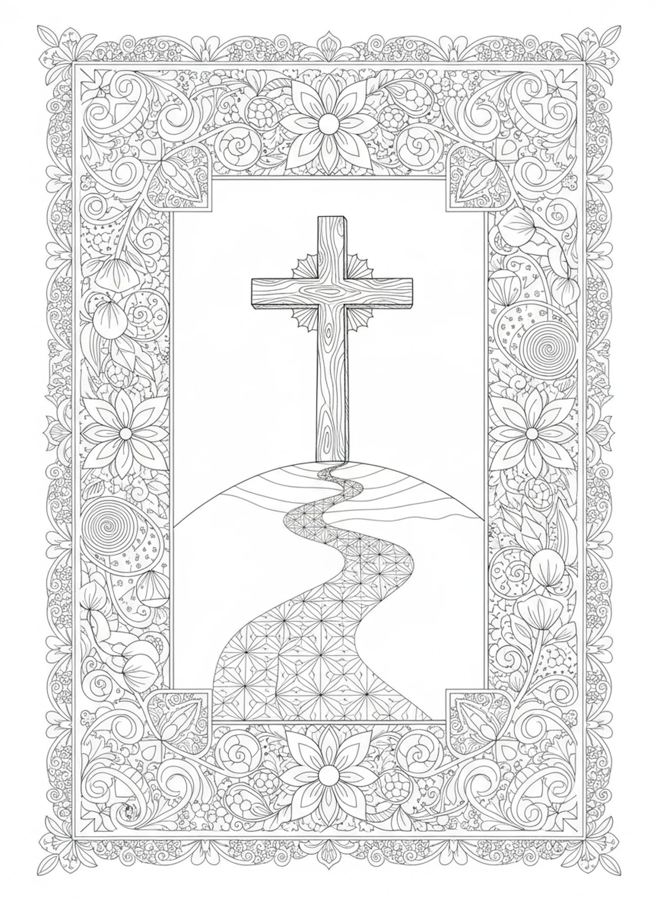 Sentier sinueux menant à la croix, page à colorier Croix sur la colline pour le style de journalisation biblique pour adultes.