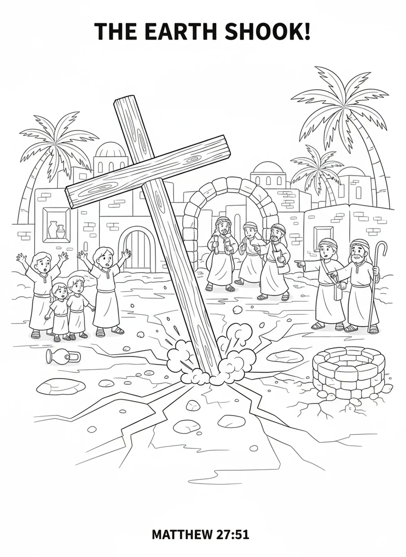 Erdbeben, das den Boden nahe dem Kreuz aufbricht, Ausmalbild Kreuz auf dem Hügel für Sonntagsschulkinder im Alter von 5-12 Jahren.