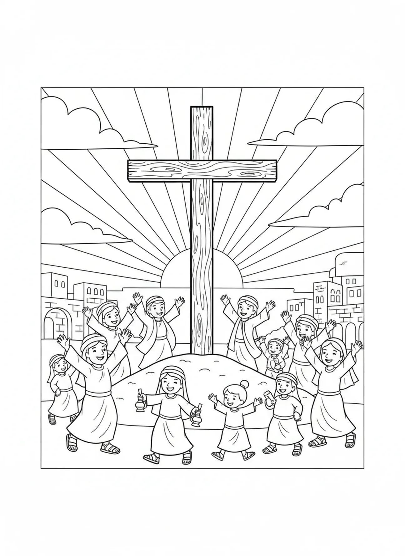 Leeres Kreuz mit fröhlichen Figuren, Ausmalbild Kreuz auf dem Hügel für Sonntagsschulkinder im Alter von 5-12 Jahren.