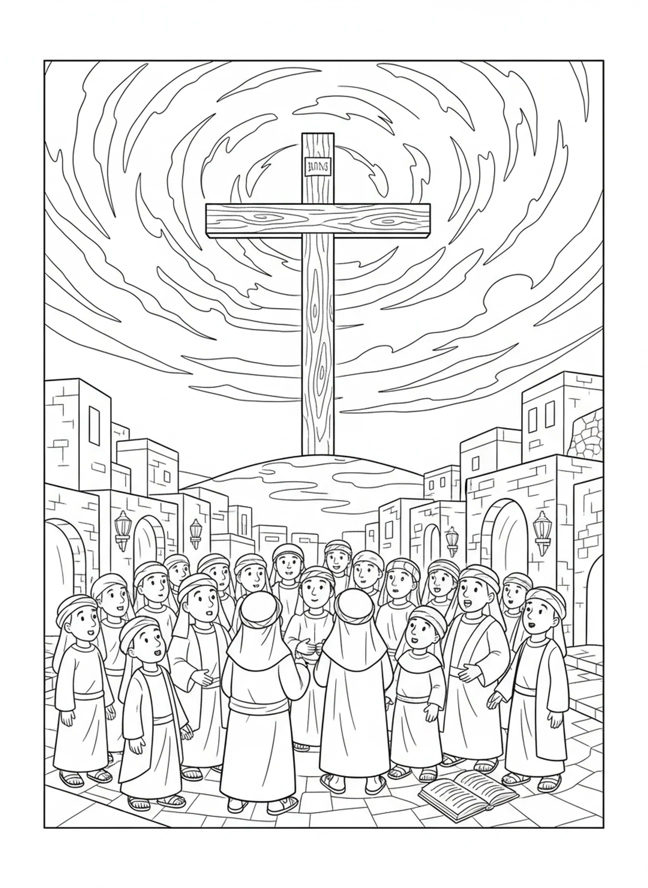 Dramatischer dunkler Himmel über dem Kreuz, Ausmalbild Kreuz auf dem Hügel für Sonntagsschulkinder im Alter von 5-12 Jahren.