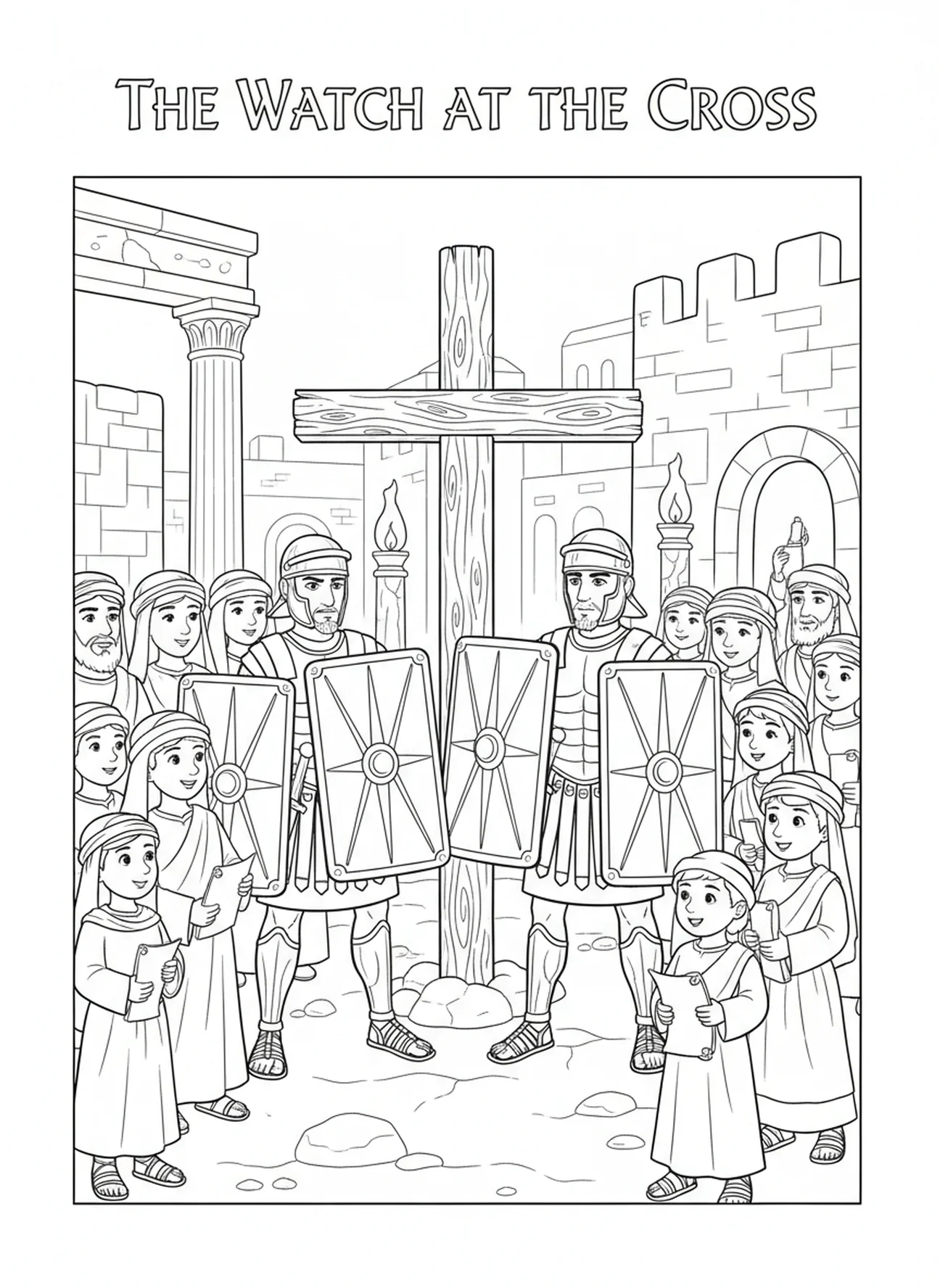 Römische Soldaten bewachen das Kreuz, Ausmalbild Kreuz auf dem Hügel für Sonntagsschulkinder im Alter von 5-12 Jahren.