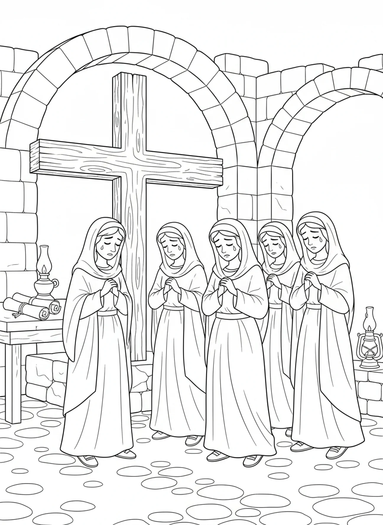 Frauen weinen nahe dem Kreuz, Ausmalbild Kreuz auf dem Hügel für Sonntagsschulkinder im Alter von 5-12 Jahren.