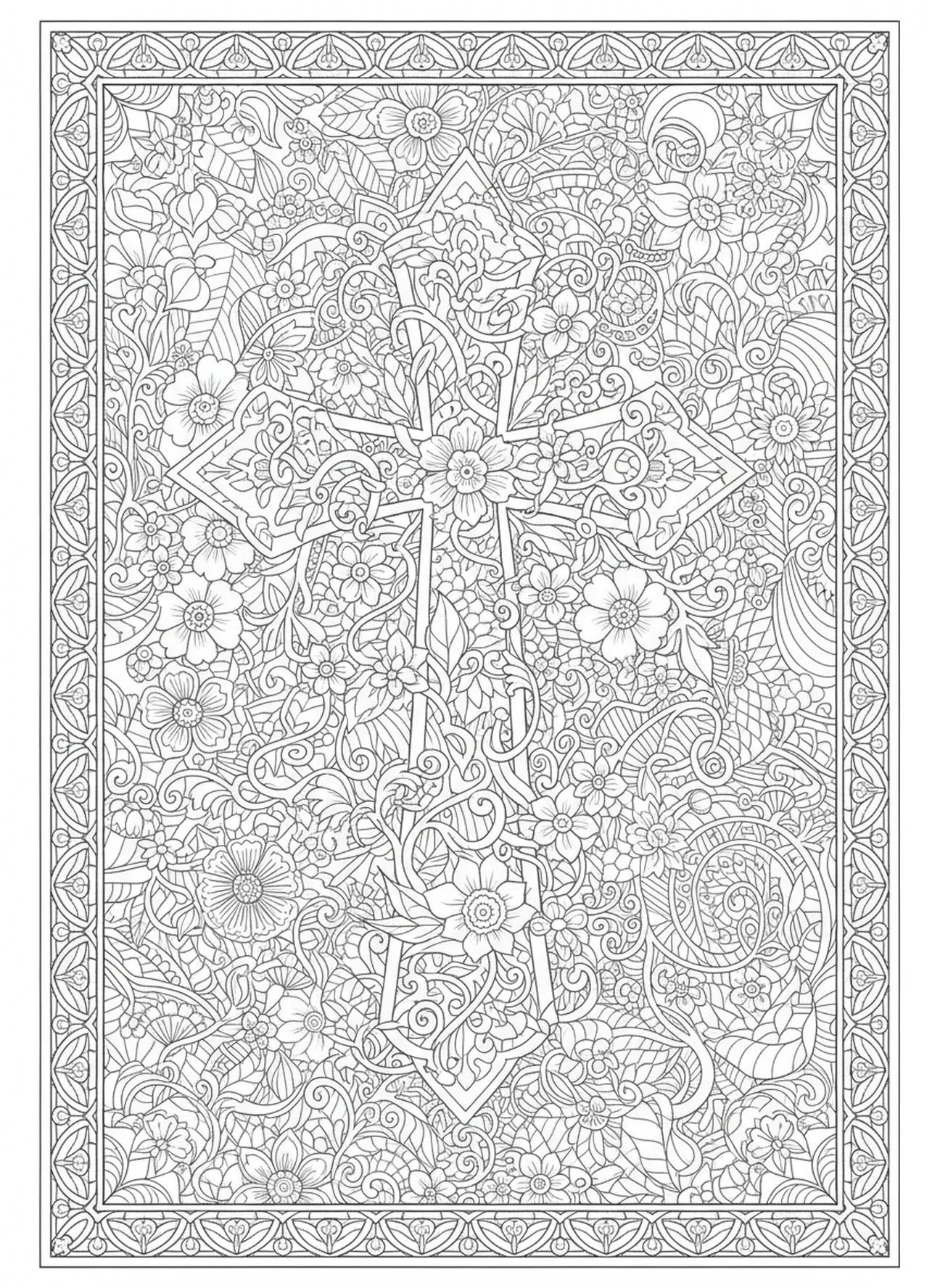 Cruz ornamentada com flores em flor, página para colorir Cruz com Coroa no estilo de journaling bíblico para adultos