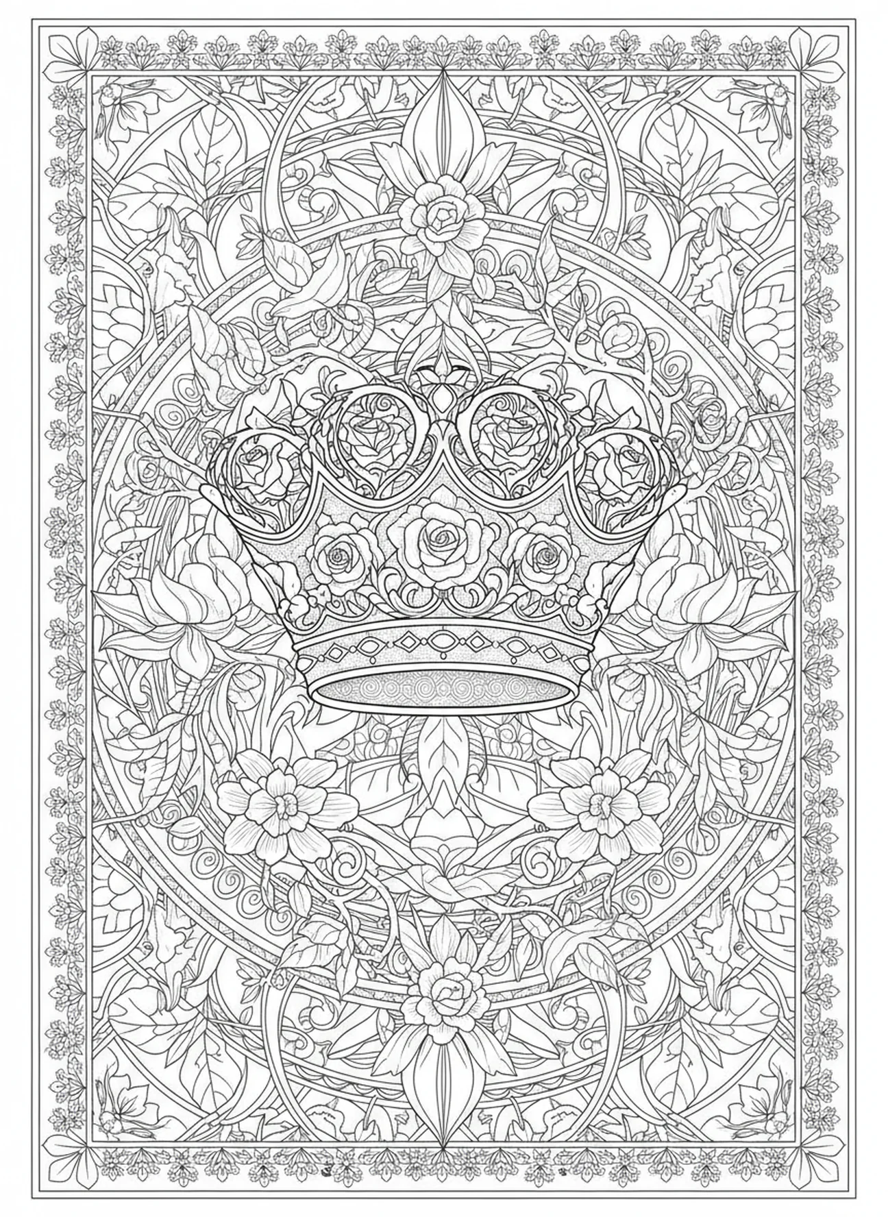 Coroa majestosa com rosas, página para colorir da Cruz com Coroa no estilo de journaling bíblico para adultos