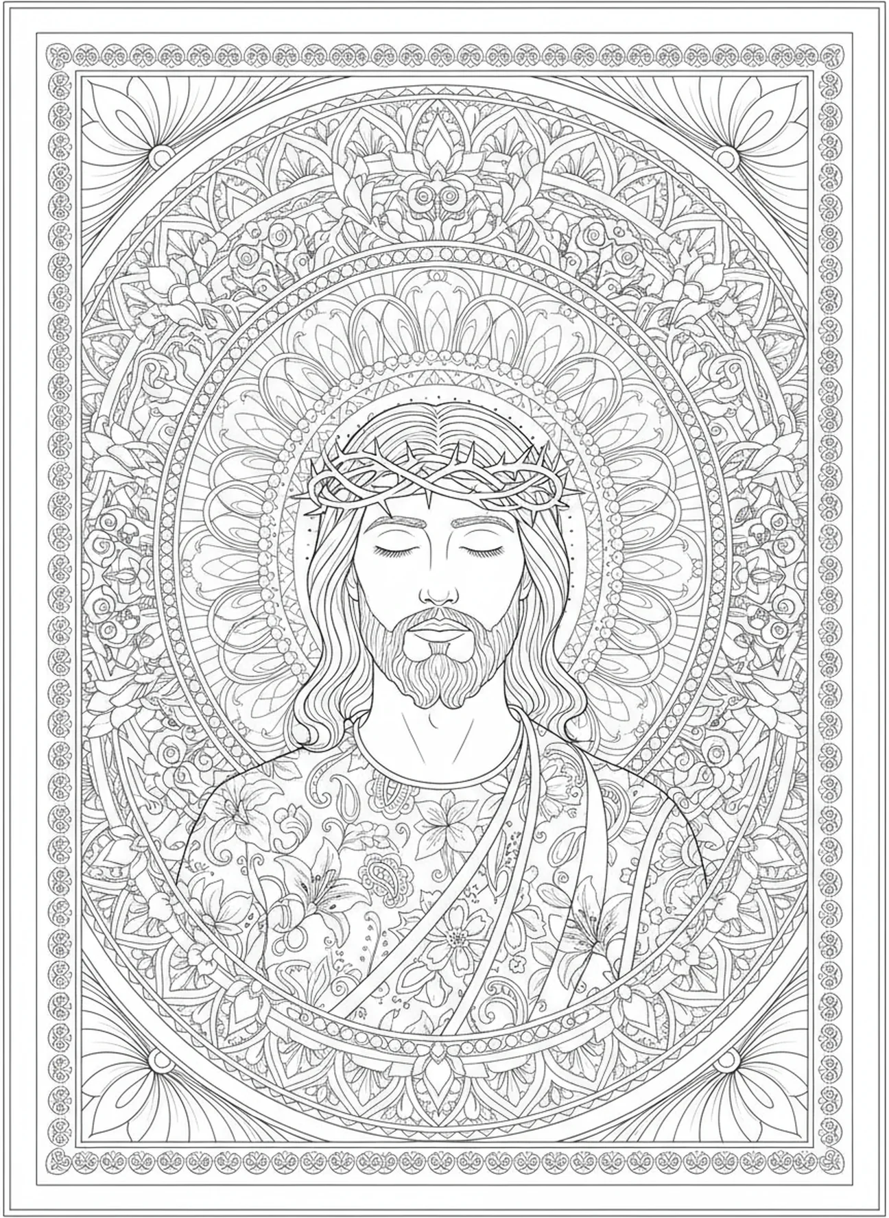 Jesus coroado em glória, página para colorir da Cruz com Coroa no estilo de journaling bíblico para adultos