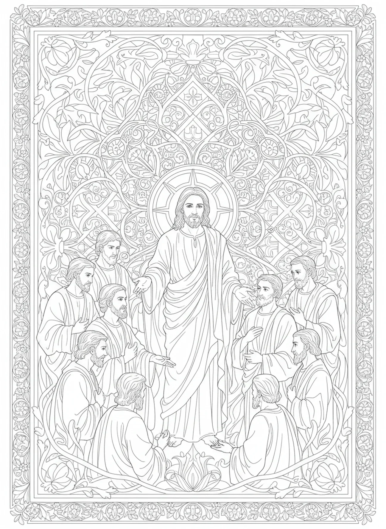 Jesus compartilhando com os discípulos, página para colorir do Crucifixo no estilo de journaling bíblico para adultos.