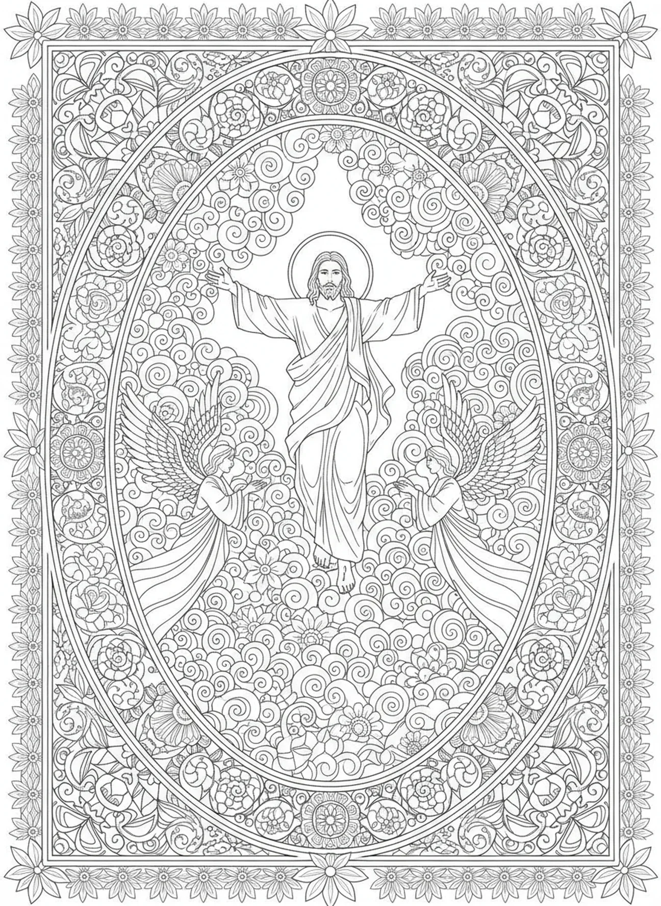 Jesus subindo ao céu, página para colorir do Crucifixo no estilo de journaling bíblico para adultos.