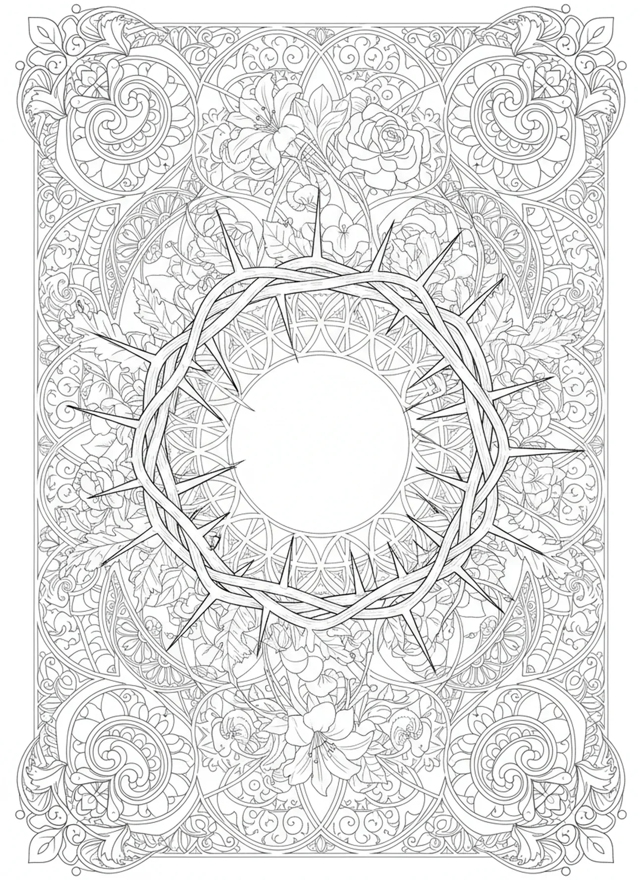 Coroa de espinhos, página para colorir do Crucifixo no estilo de journaling bíblico para adultos.