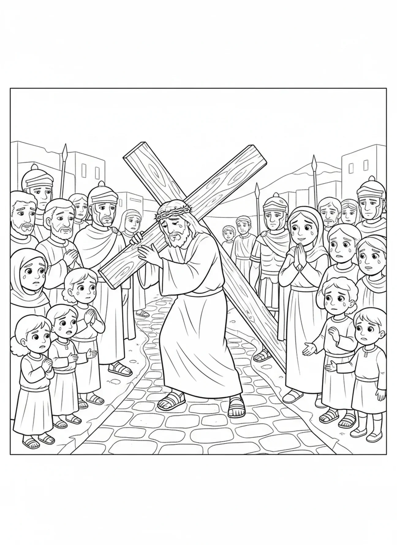 Multidão diversa assistindo a Jesus, página para colorir da Crucificação para crianças de 5 a 10 anos.