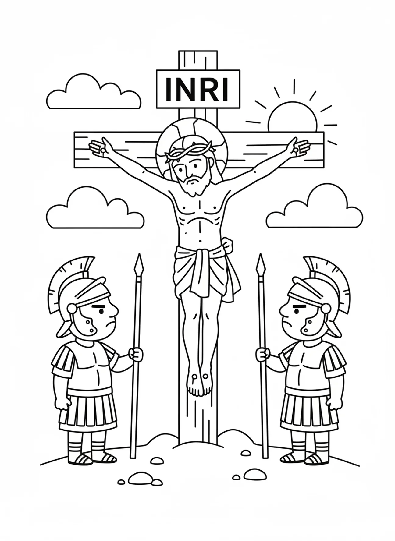 Jesus na cruz, página de colorir do Crucifixo para crianças de 5 a 10 anos.