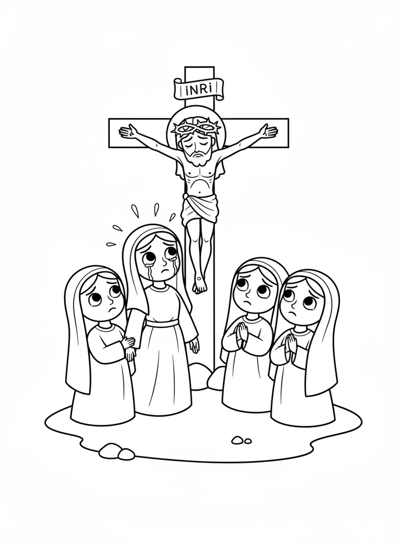 Maria aos pés da cruz, página de colorir do Crucifixo para crianças de 5 a 10 anos.