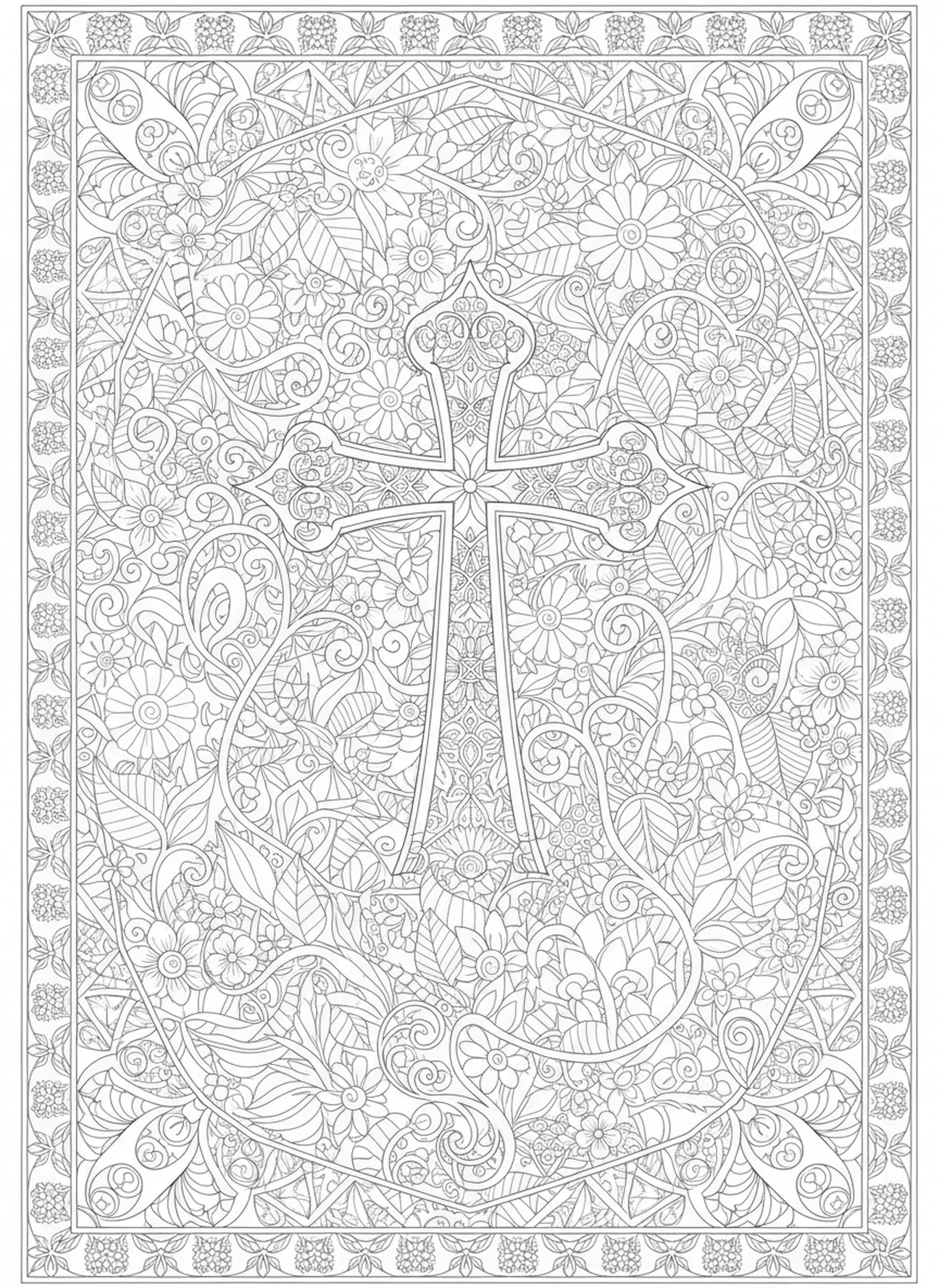 Kreuz umgeben von Blättern, Florales Kreuz Ausmalbild für Erwachsene im Stil des Bibel-Journaling.