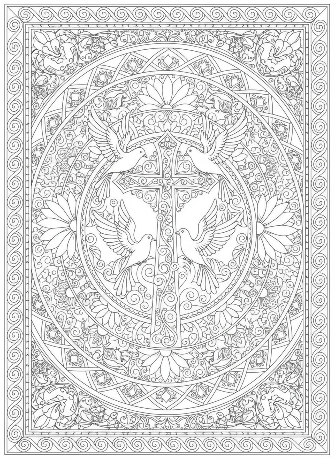 Elegantes Kreuz mit Tauben, Ausmalbild eines floralen Kreuzes für Erwachsene im Stil des Bibel-Journaling.